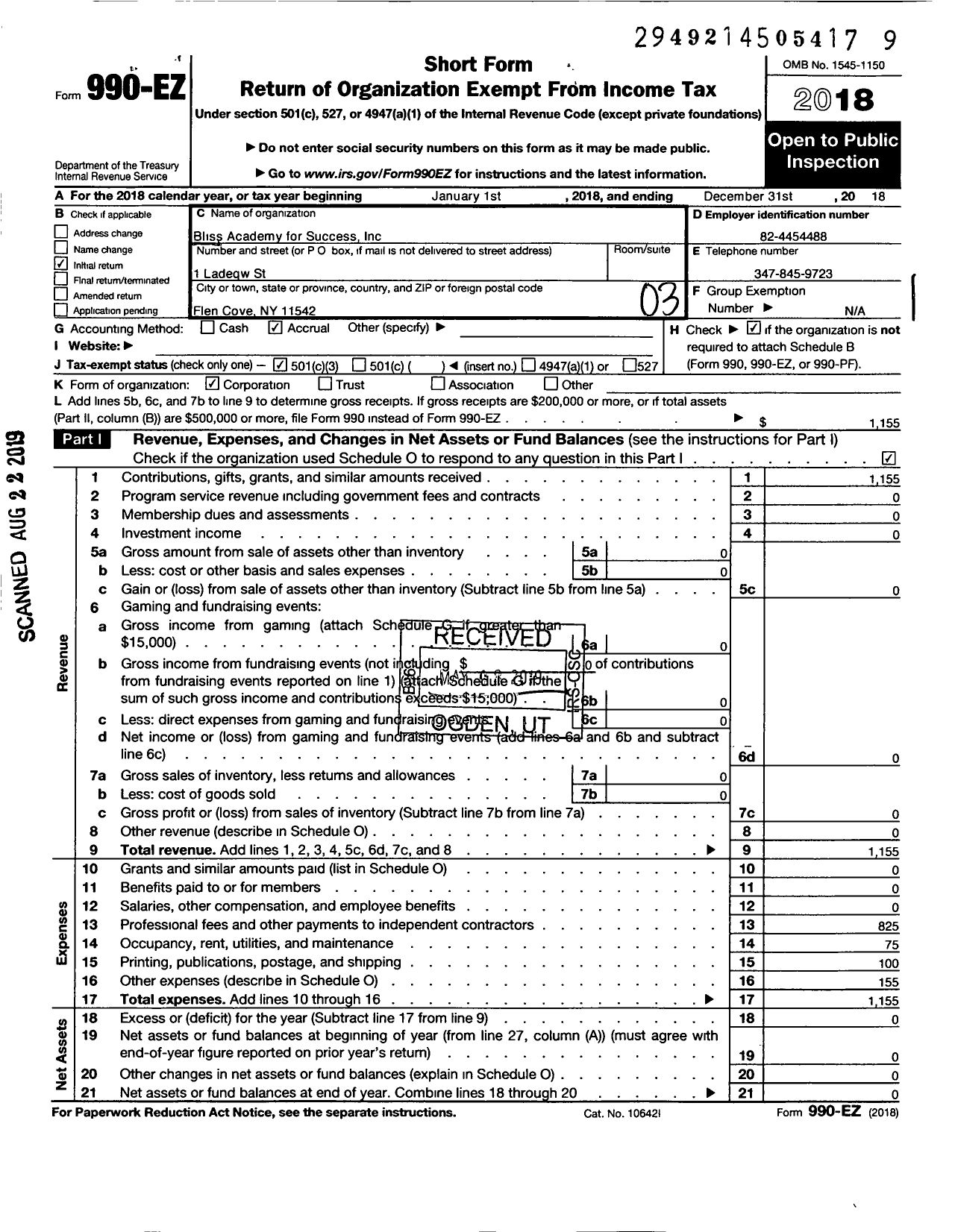 Image of first page of 2018 Form 990EZ for Bliss Academy for Success