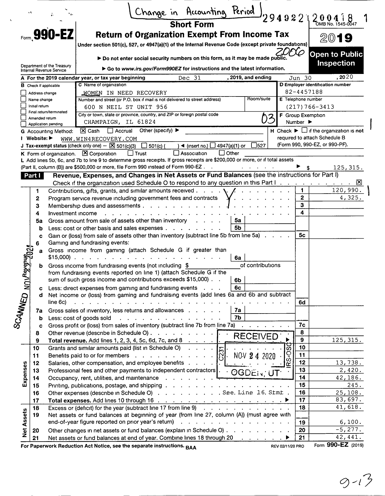 Image of first page of 2019 Form 990EZ for Women in Need Recovery