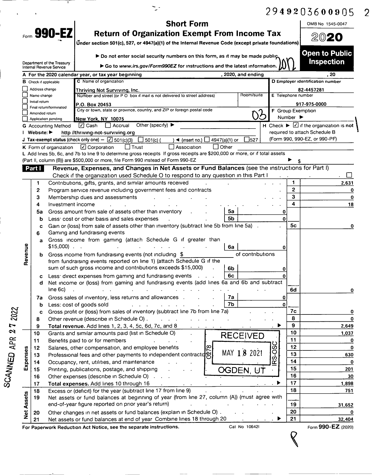 Image of first page of 2020 Form 990EZ for Thriving Not Surviving