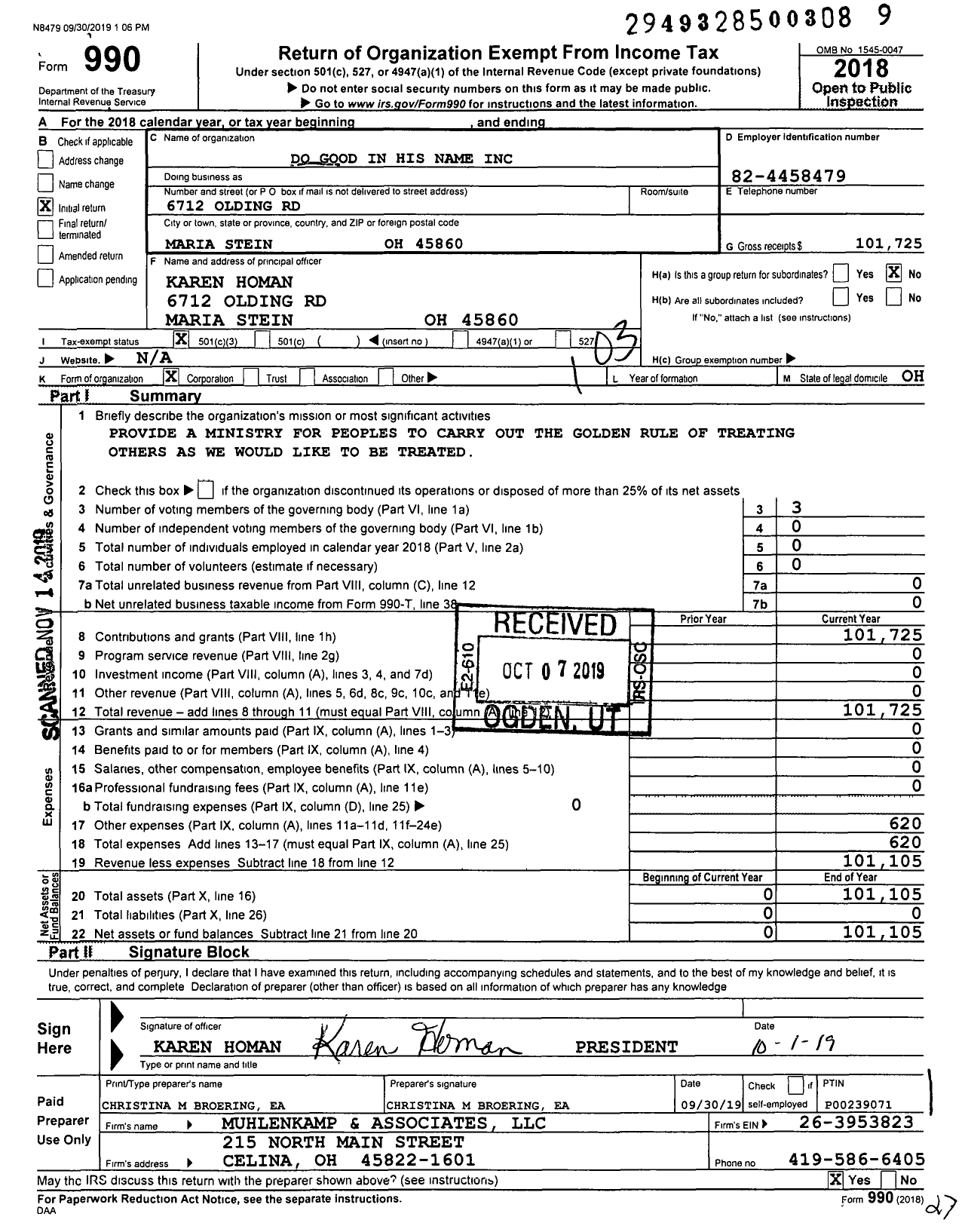 Image of first page of 2018 Form 990 for Do Good in His Name