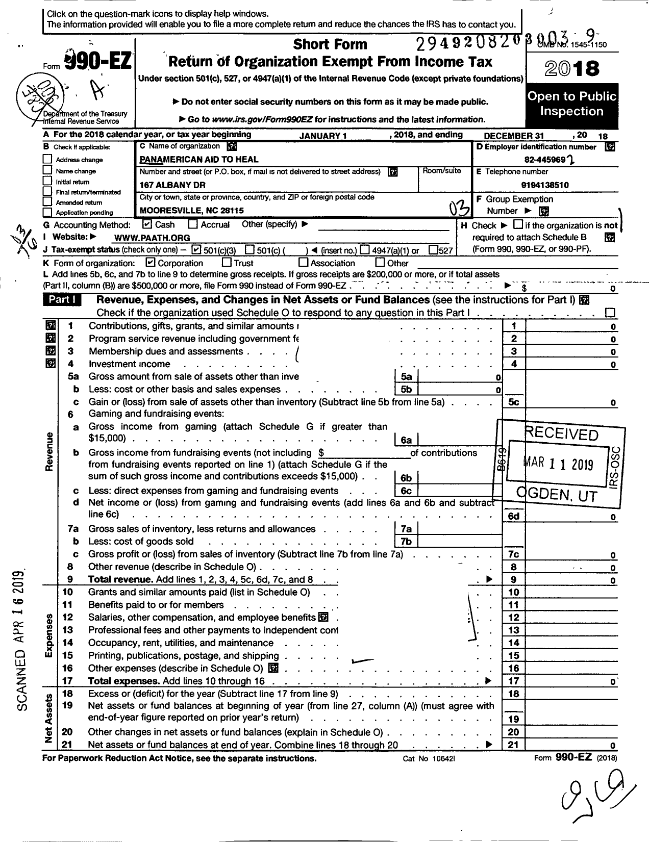 Image of first page of 2018 Form 990EZ for Panamerican Aid To Heal