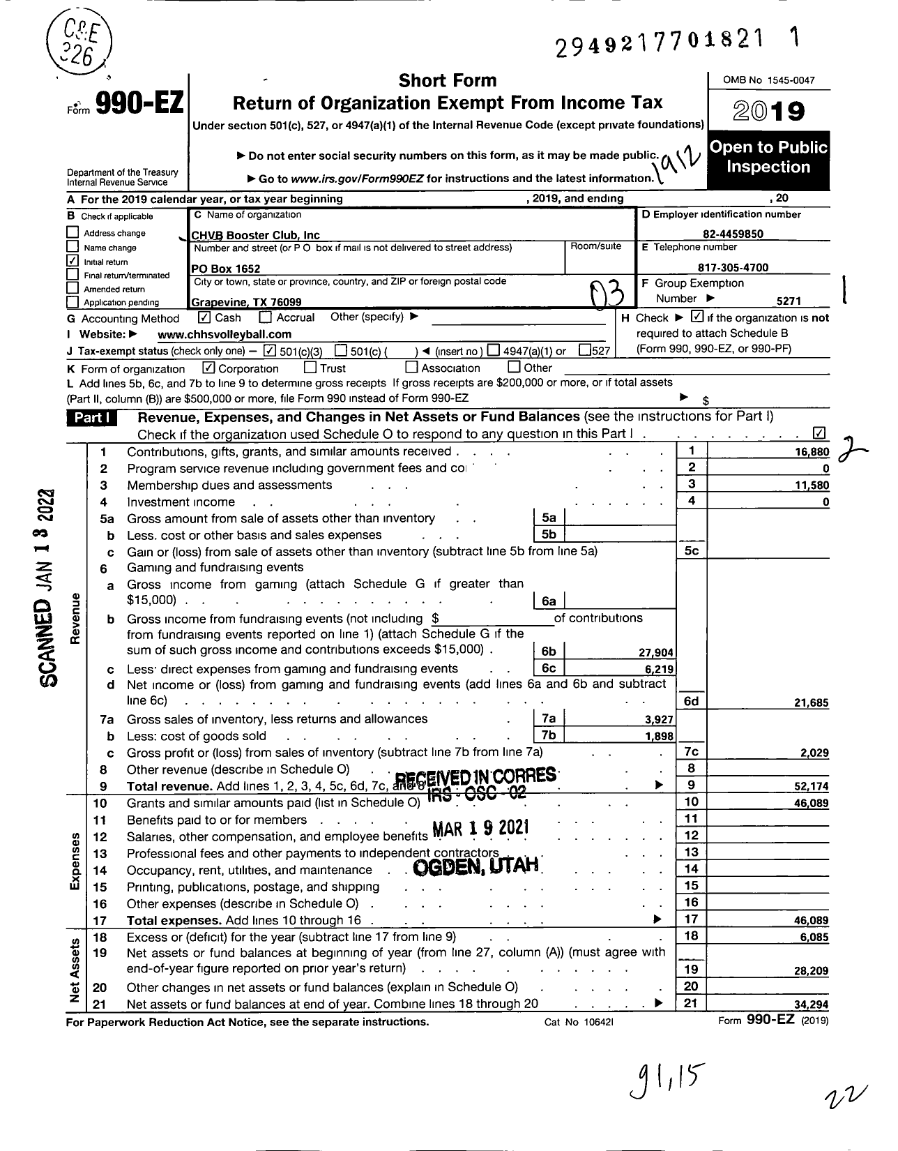 Image of first page of 2019 Form 990EZ for CHVB Booster Club