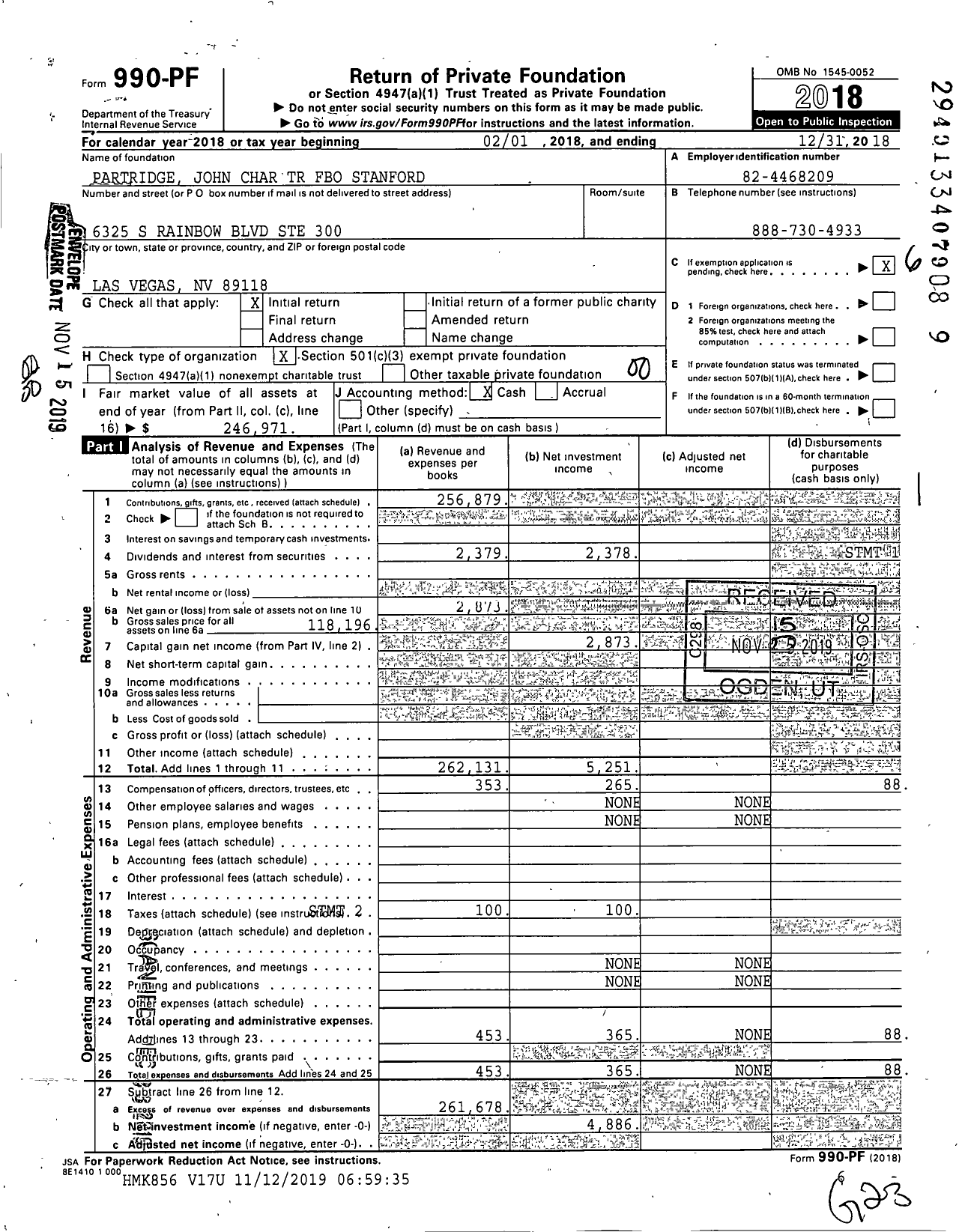 Image of first page of 2018 Form 990PF for Partridge John Charitable Trust Fbo Stanford