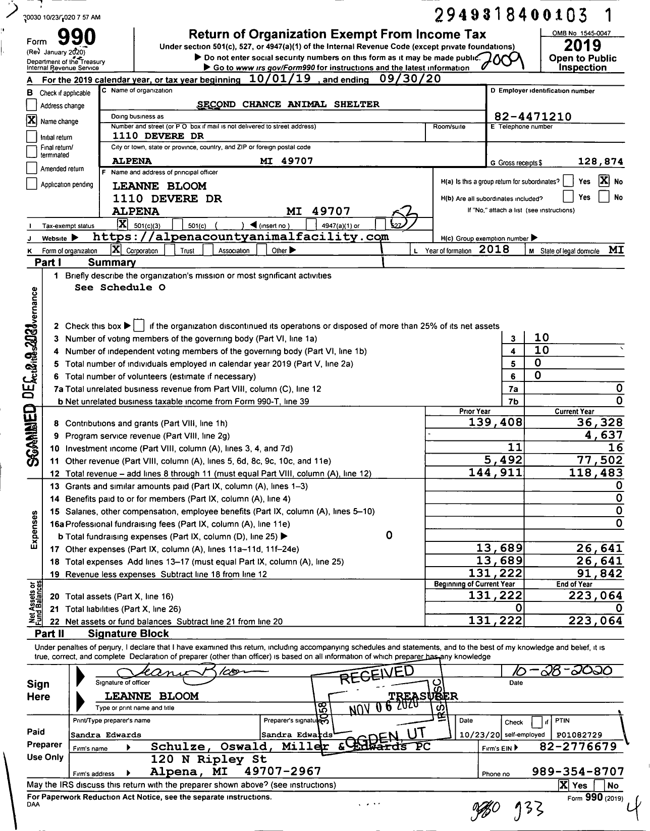 Image of first page of 2019 Form 990 for Second Chance Animal Shelter