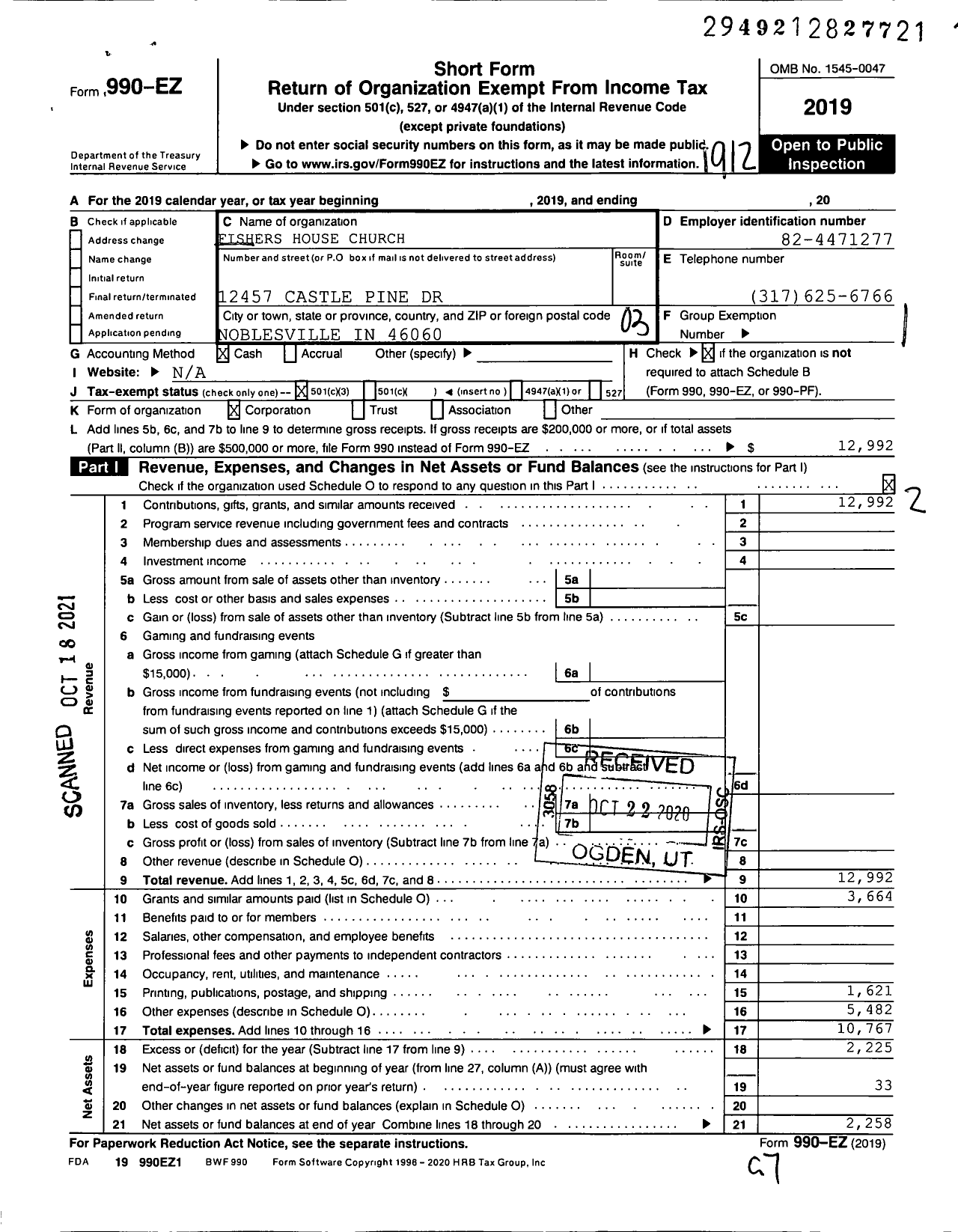 Image of first page of 2019 Form 990EZ for Fishers House Church