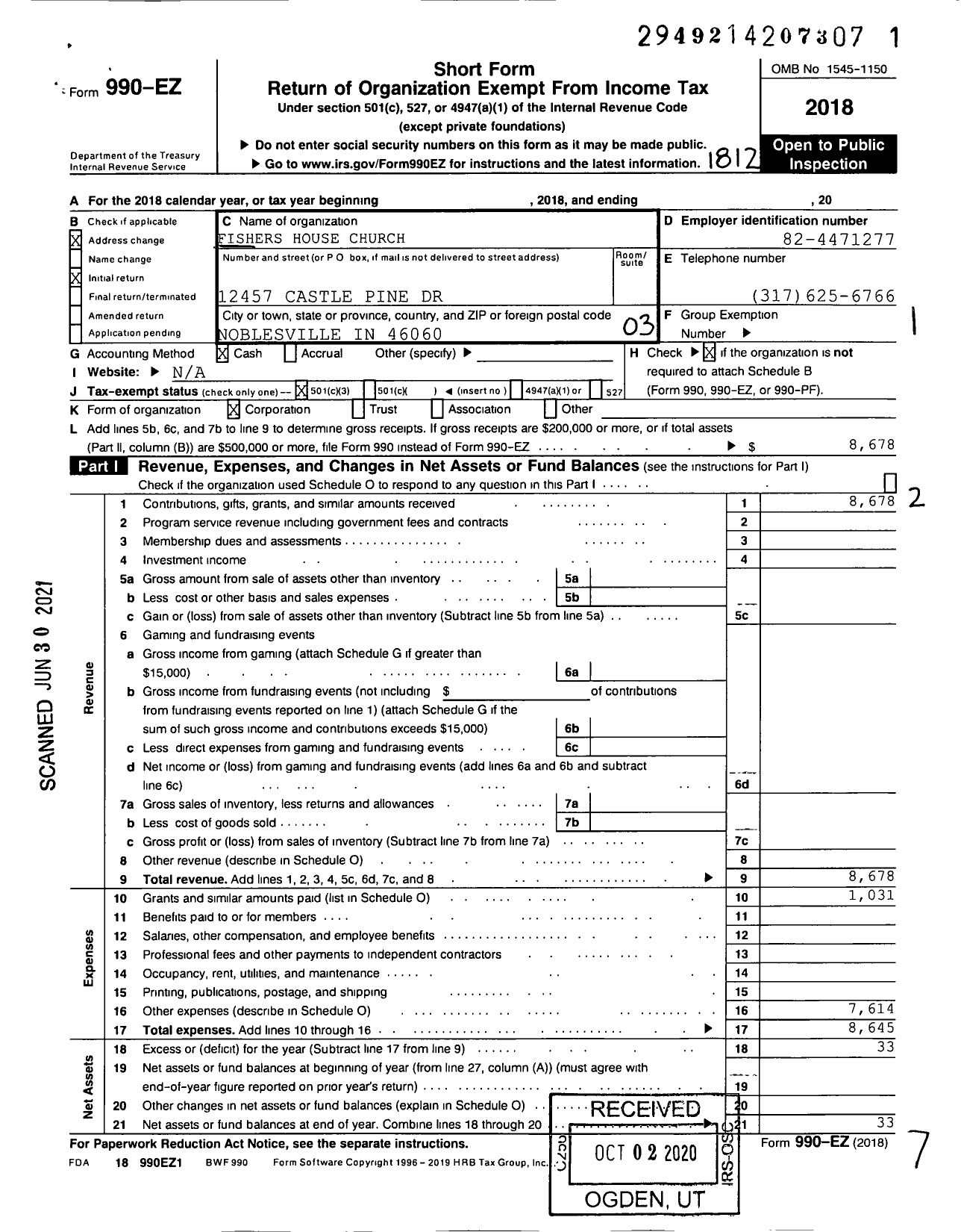 Image of first page of 2018 Form 990EZ for Fishers House Church