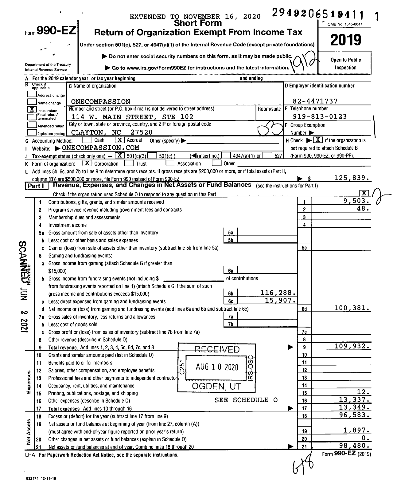 Image of first page of 2019 Form 990EZ for Onecompassion