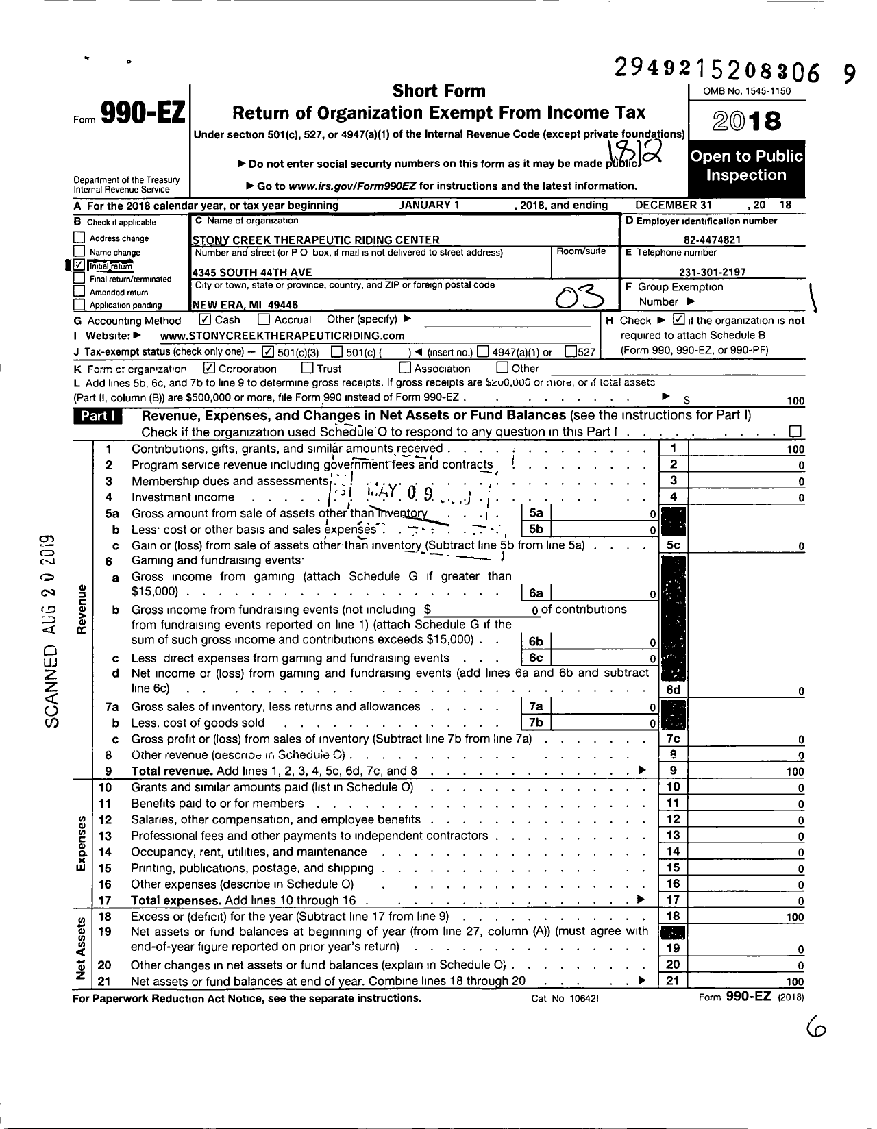 Image of first page of 2018 Form 990EZ for Stony Lake Therapeutic Riding Center