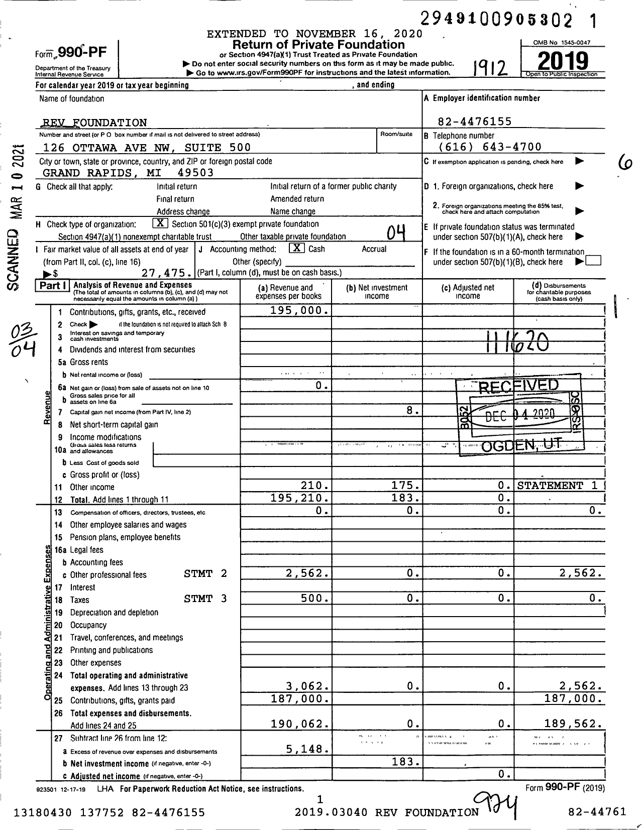 Image of first page of 2019 Form 990PF for Rev Foundation