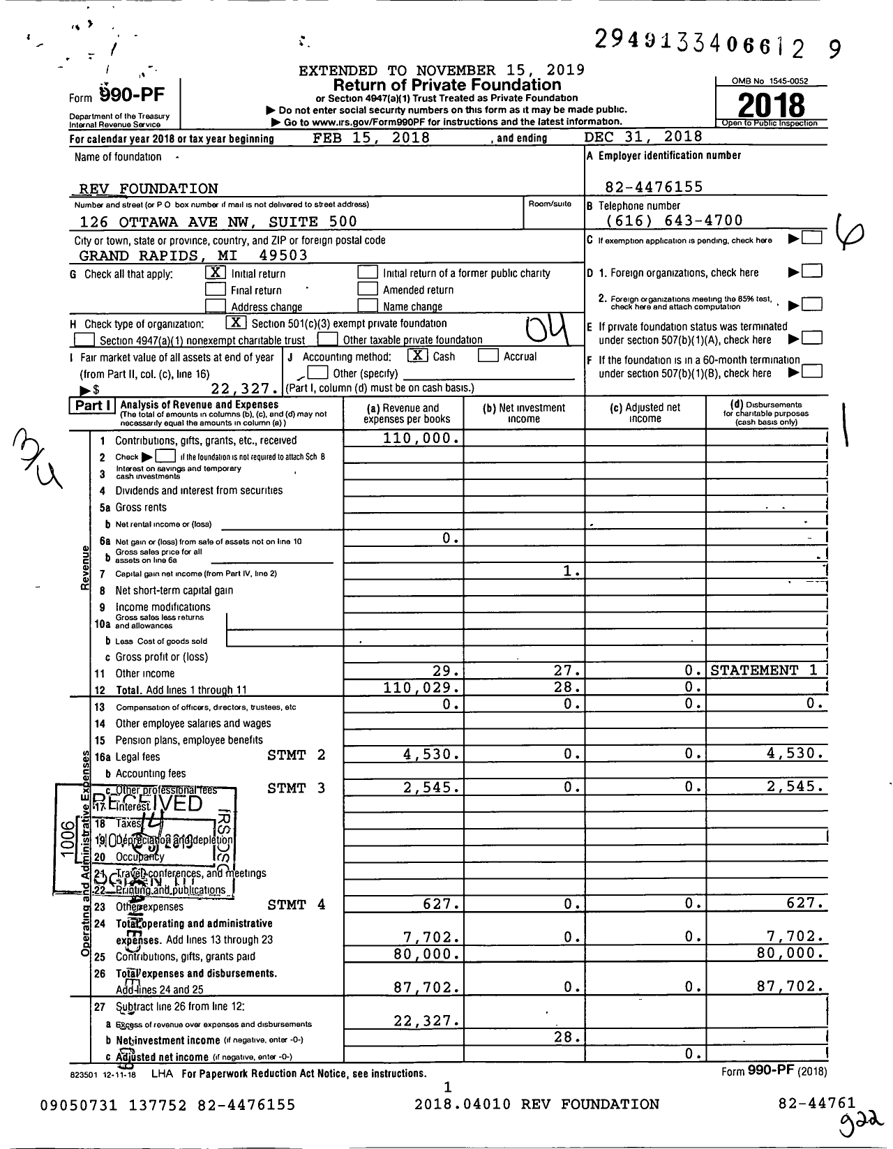 Image of first page of 2018 Form 990PF for Rev Foundation