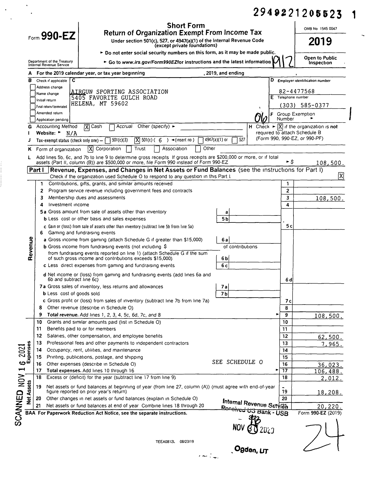 Image of first page of 2019 Form 990EO for Airgun Sporting Association