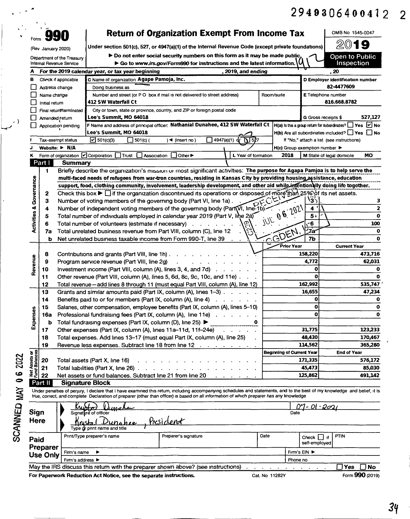 Image of first page of 2019 Form 990 for Agape Pamoja