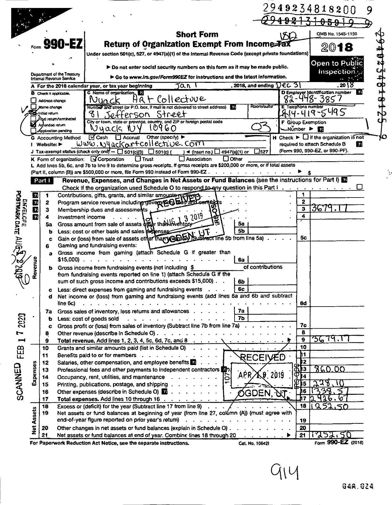 Image of first page of 2018 Form 990EZ for Nyack Art Collective