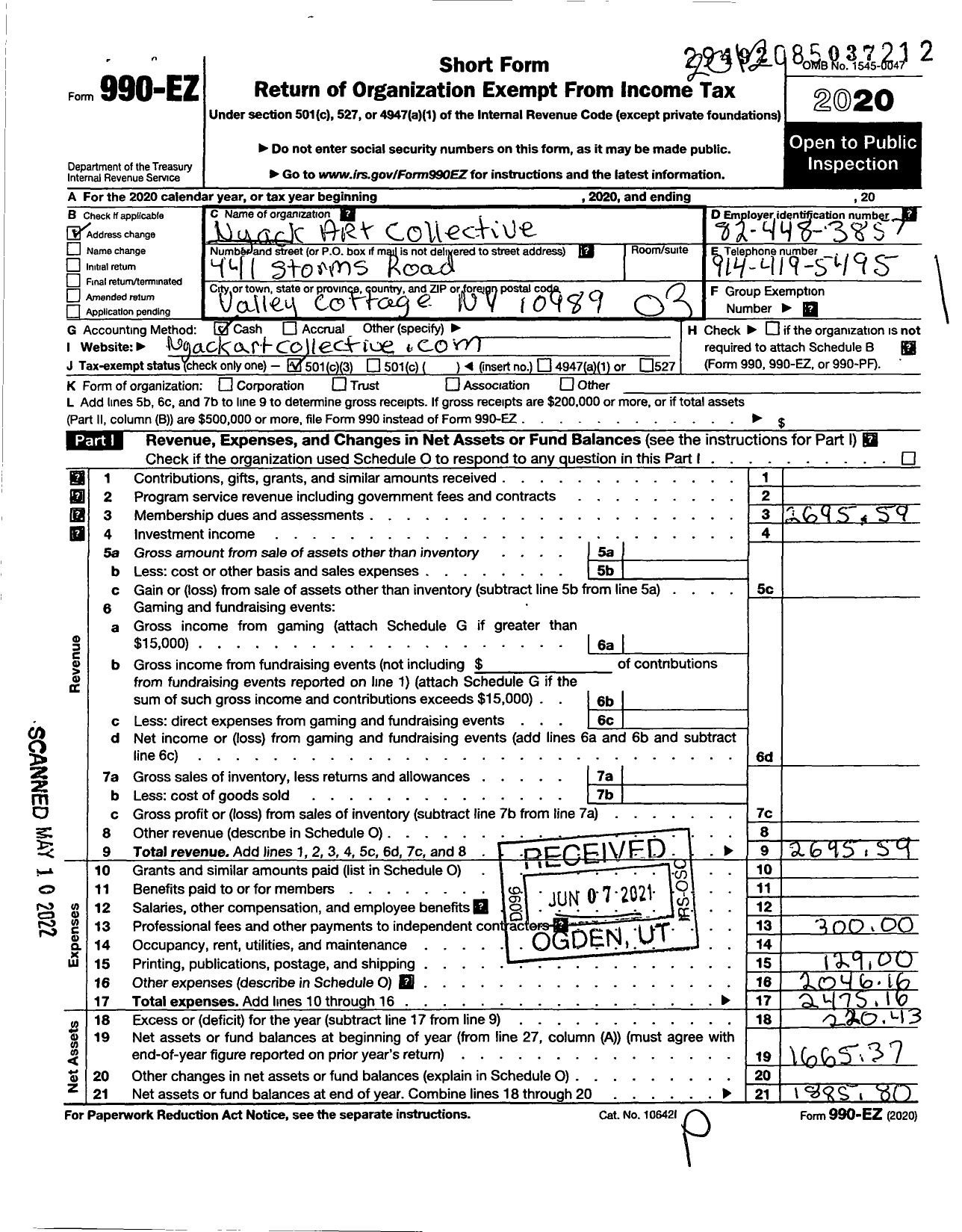 Image of first page of 2020 Form 990EZ for Nyack Art Collective