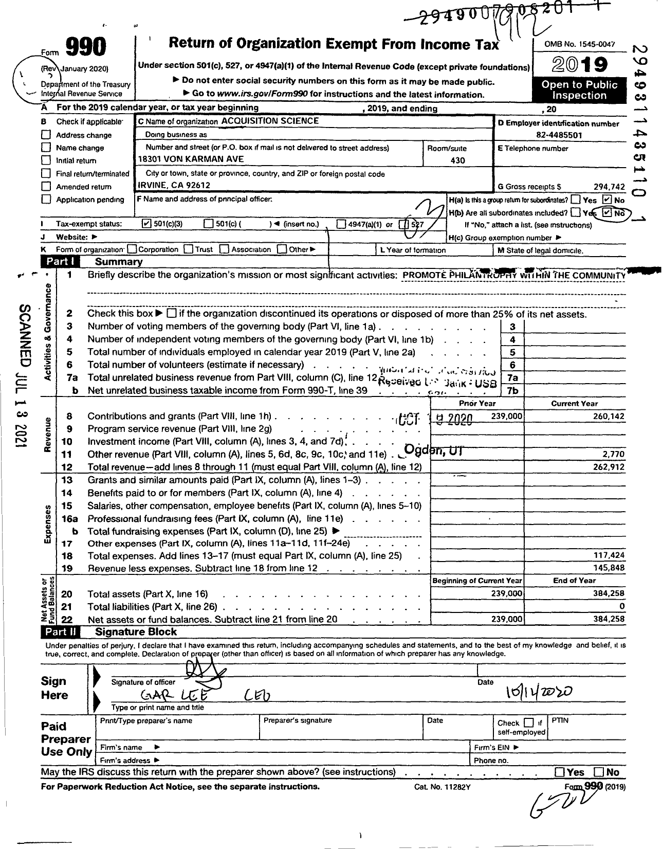 Image of first page of 2019 Form 990 for Acquisition Science