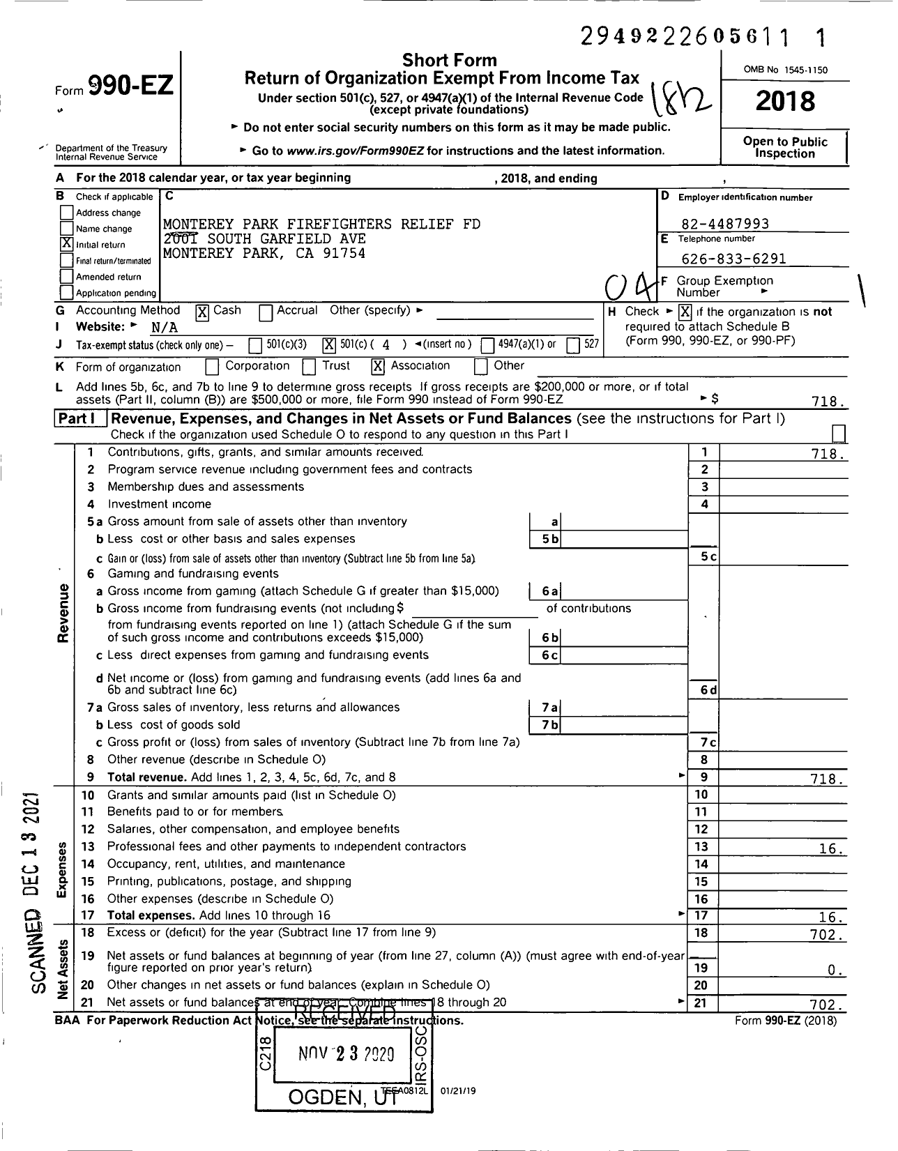 Image of first page of 2018 Form 990EO for Monterey Park Firefighters Relief Fund