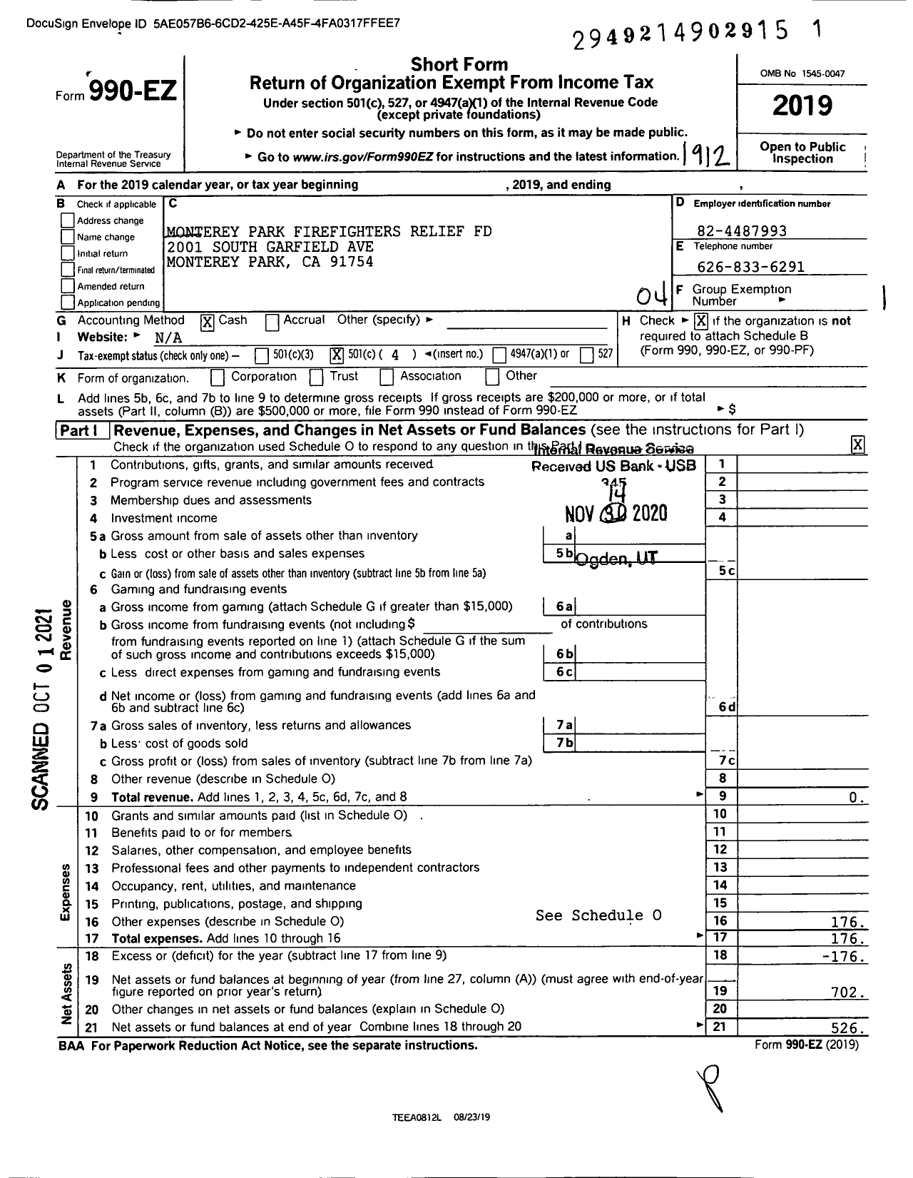 Image of first page of 2019 Form 990EO for Monterey Park Firefighters Relief Fund