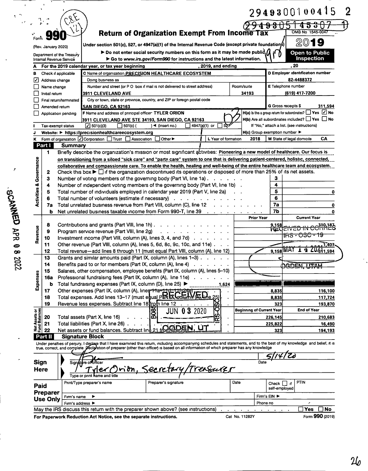 Image of first page of 2019 Form 990 for Precision Healthcare Ecosystem