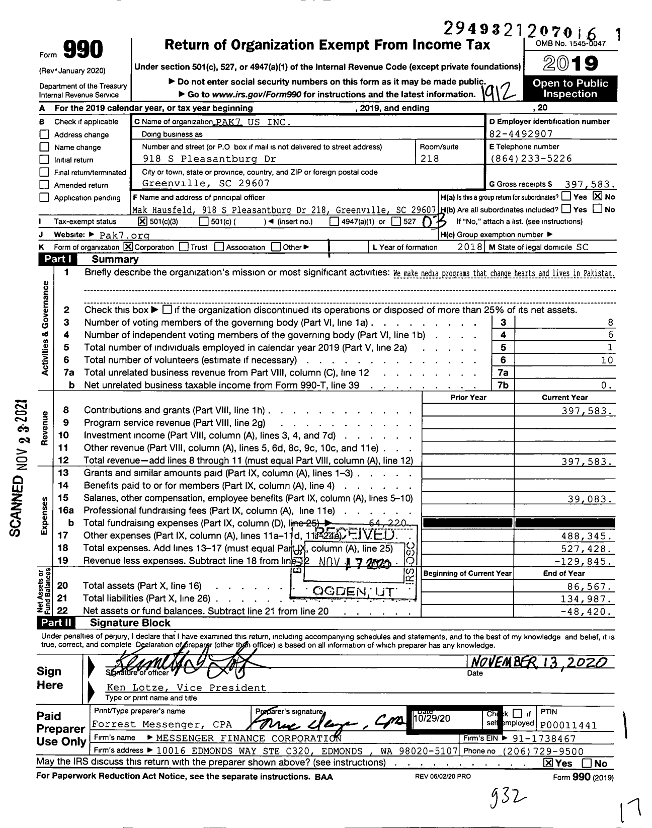 Image of first page of 2019 Form 990 for Pak7 Us