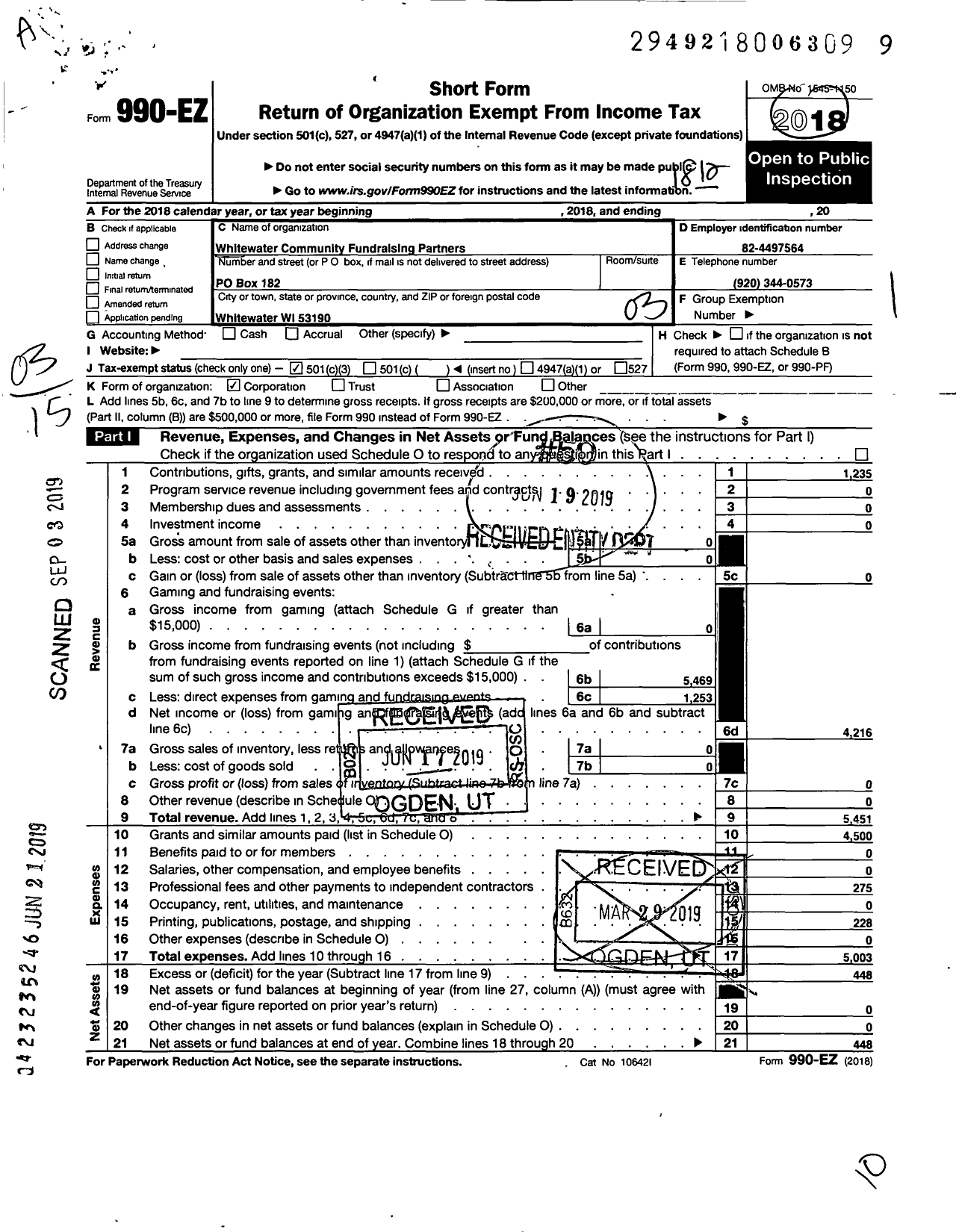 Image of first page of 2018 Form 990EZ for Whitewater Community Fundraising Partners