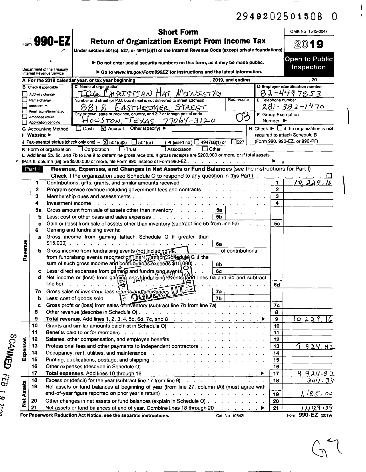 Image of first page of 2019 Form 990EZ for Tog Christian Hat Ministry