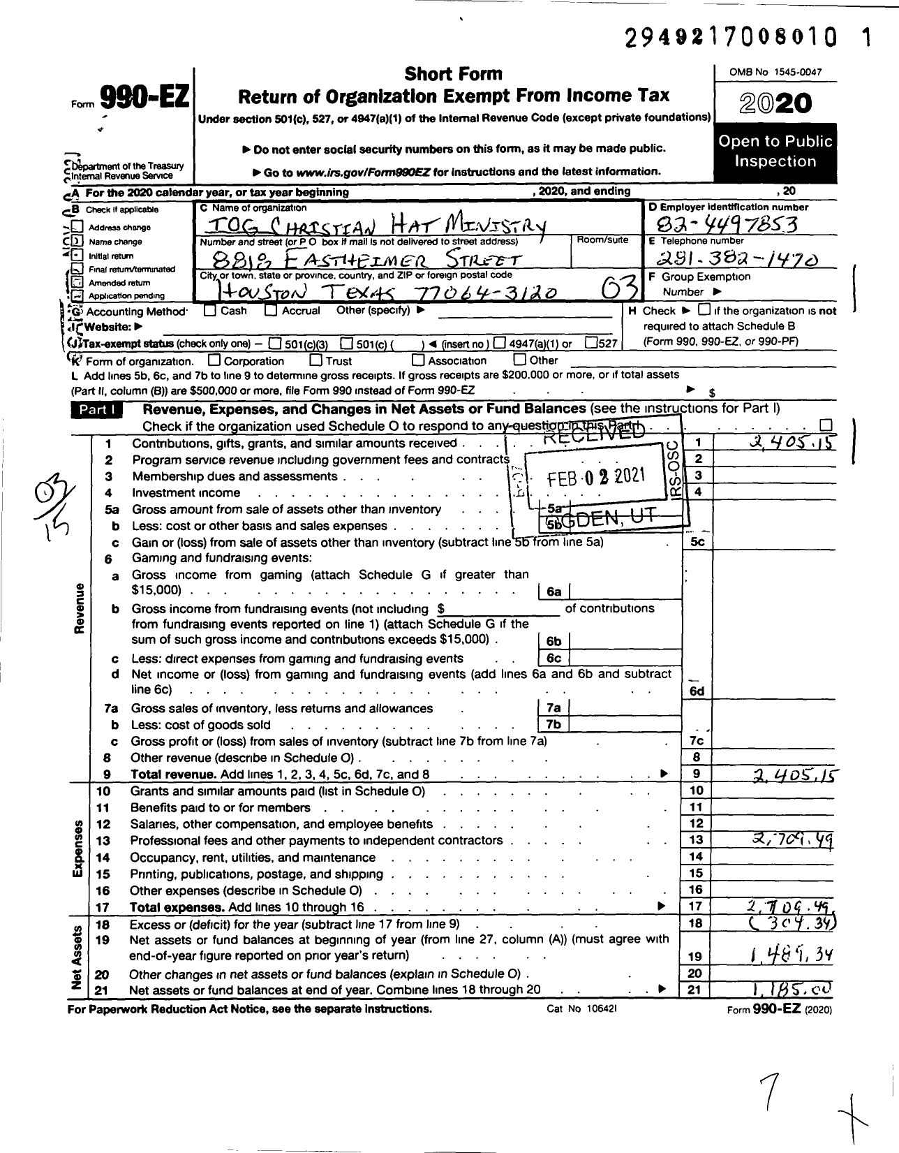 Image of first page of 2020 Form 990EZ for Tog Christian Hat Ministry