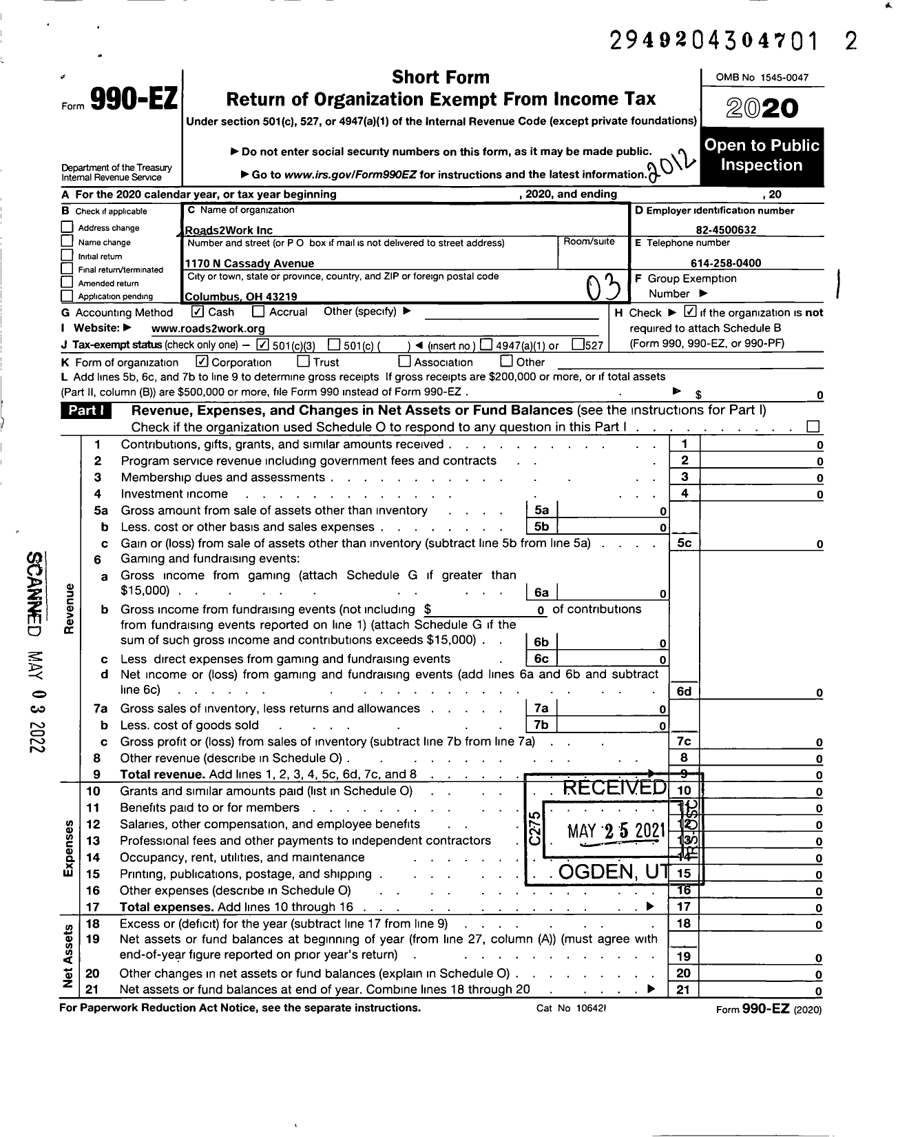 Image of first page of 2020 Form 990EZ for Roads2work Incorporated