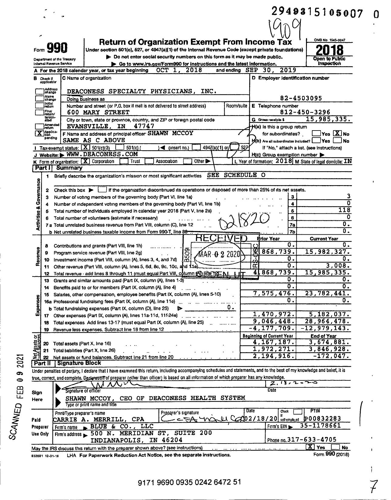 Image of first page of 2018 Form 990 for Deaconess Specialty Physicians