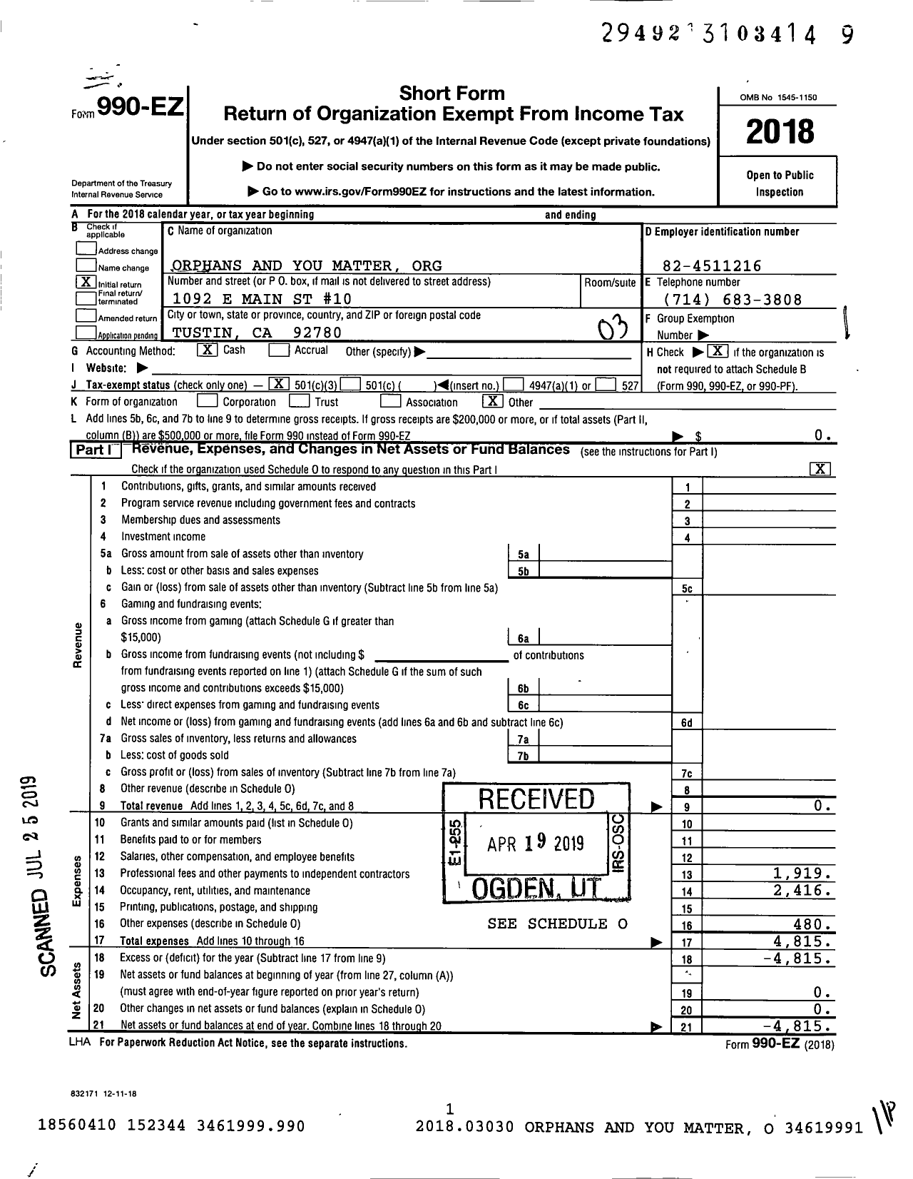 Image of first page of 2018 Form 990EZ for Orphans and You Matter Org