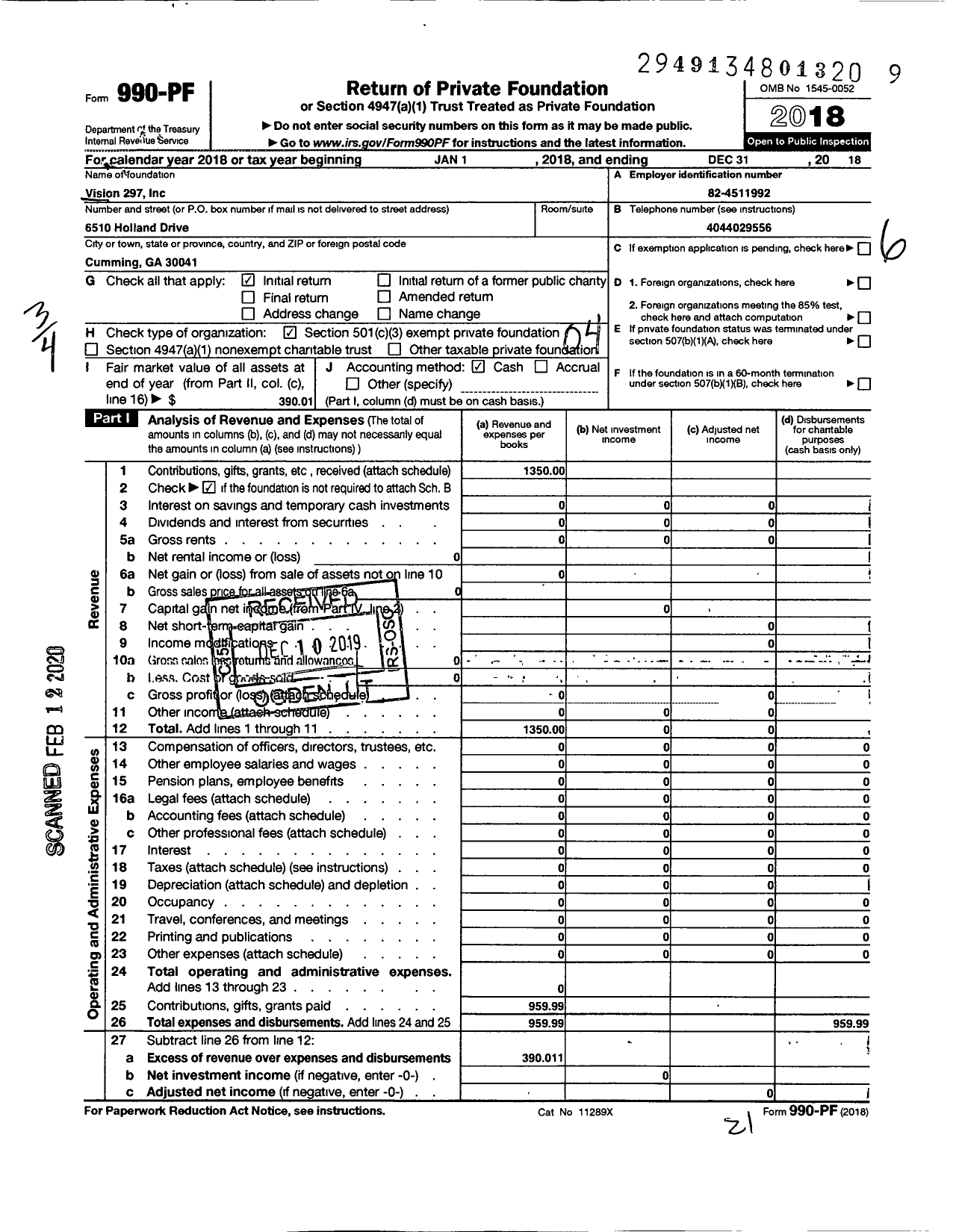Image of first page of 2018 Form 990PF for Vision 297