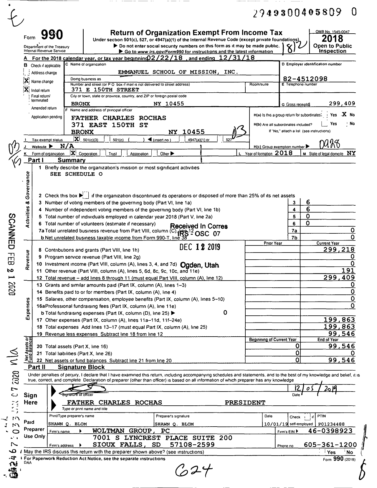 Image of first page of 2018 Form 990 for Emmanuel School of Mission