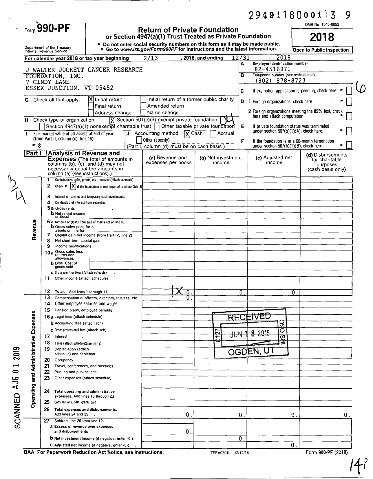 Image of first page of 2018 Form 990PF for J Walter Juckett Cancer Research Foundation