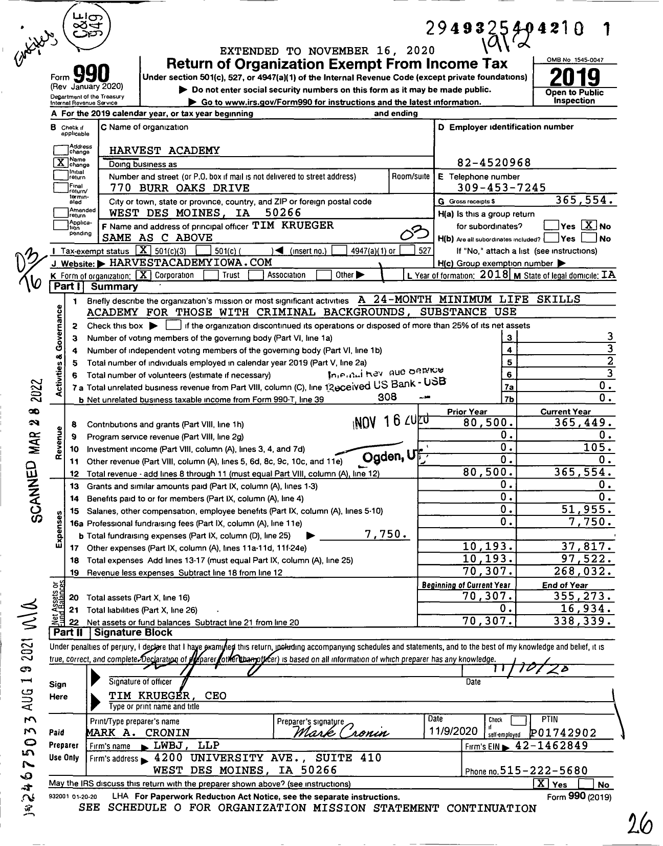 Image of first page of 2019 Form 990 for Harvest Academy