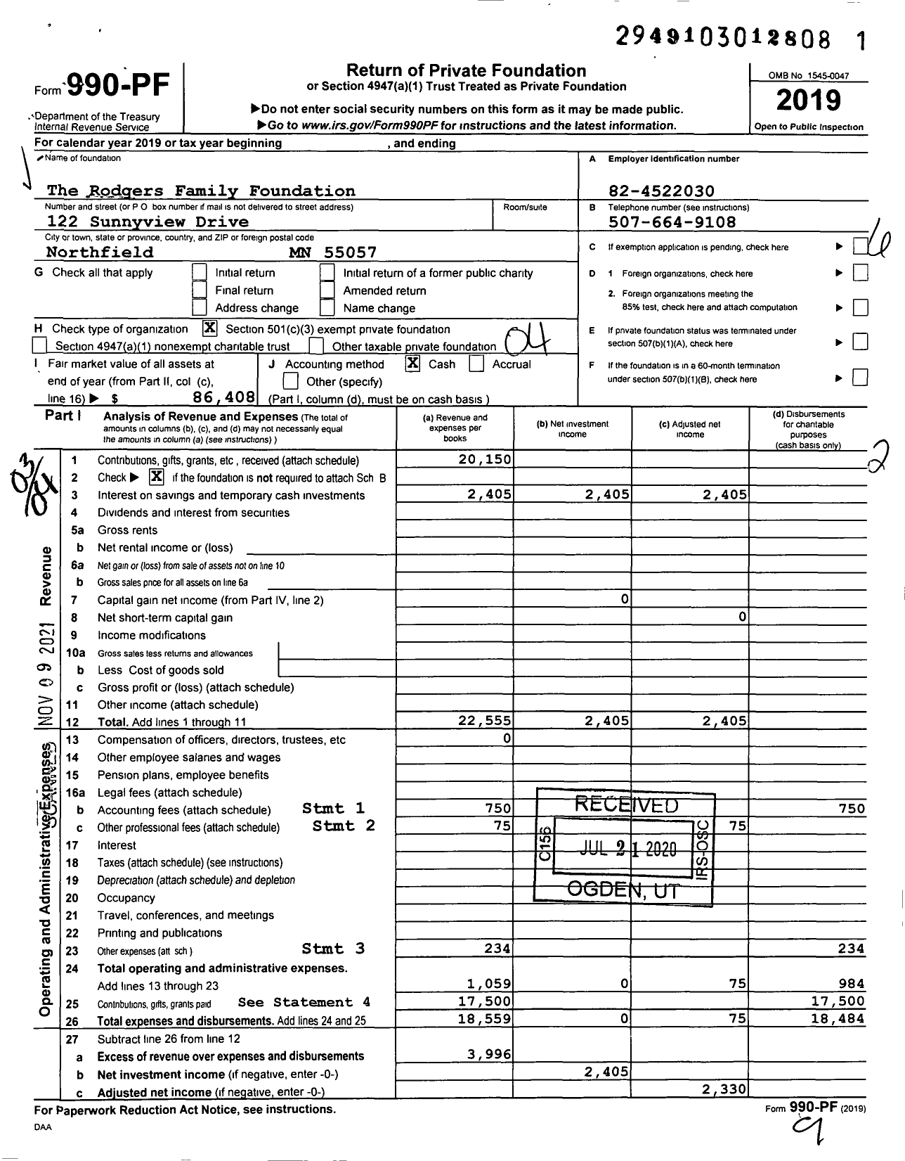 Image of first page of 2019 Form 990PF for The Rodgers Family Foundation