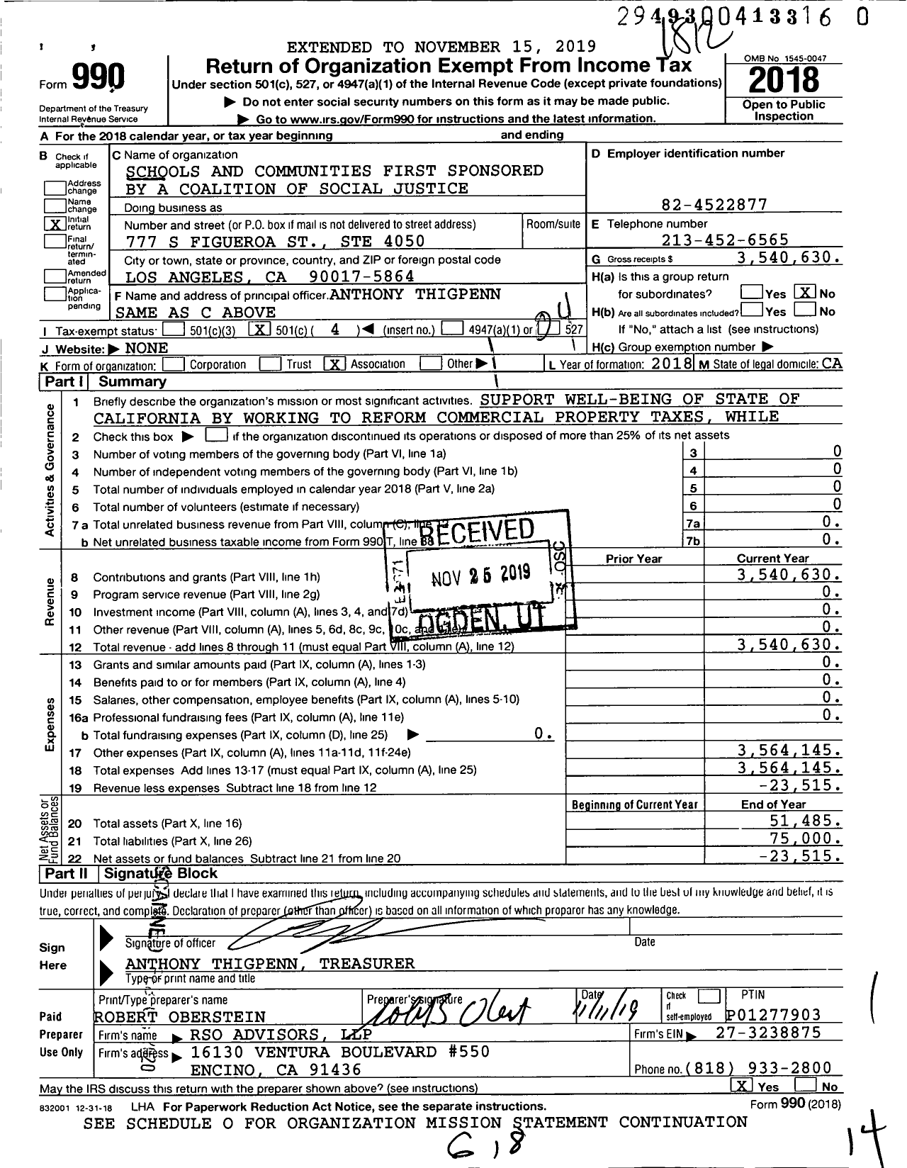 Image of first page of 2018 Form 990O for Schools and Communities First Sponsored By A Coalition of Social Justice