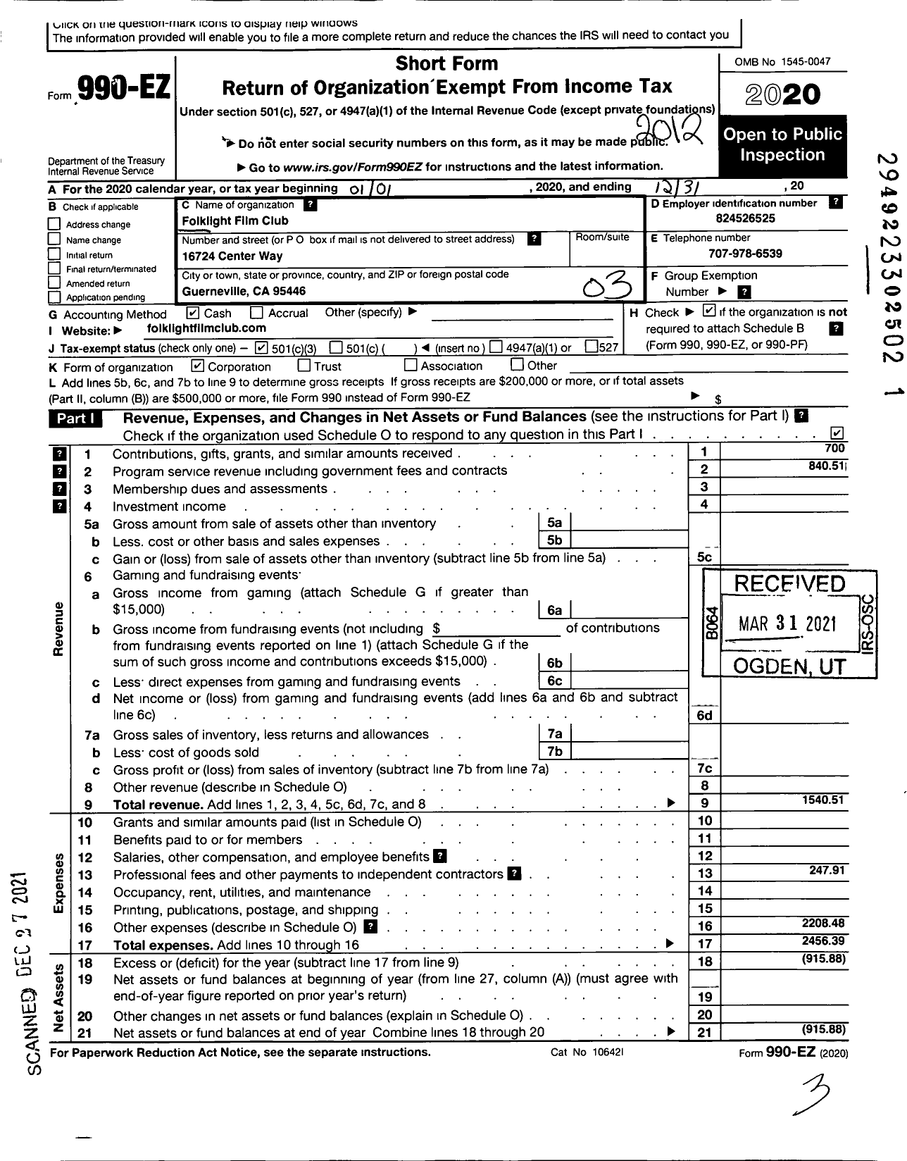 Image of first page of 2020 Form 990EZ for Folklight Film Club