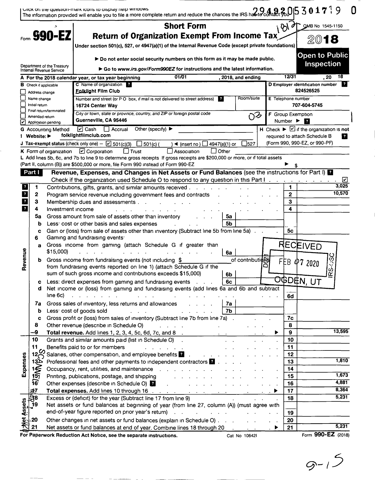 Image of first page of 2018 Form 990EZ for Folklight Film Club