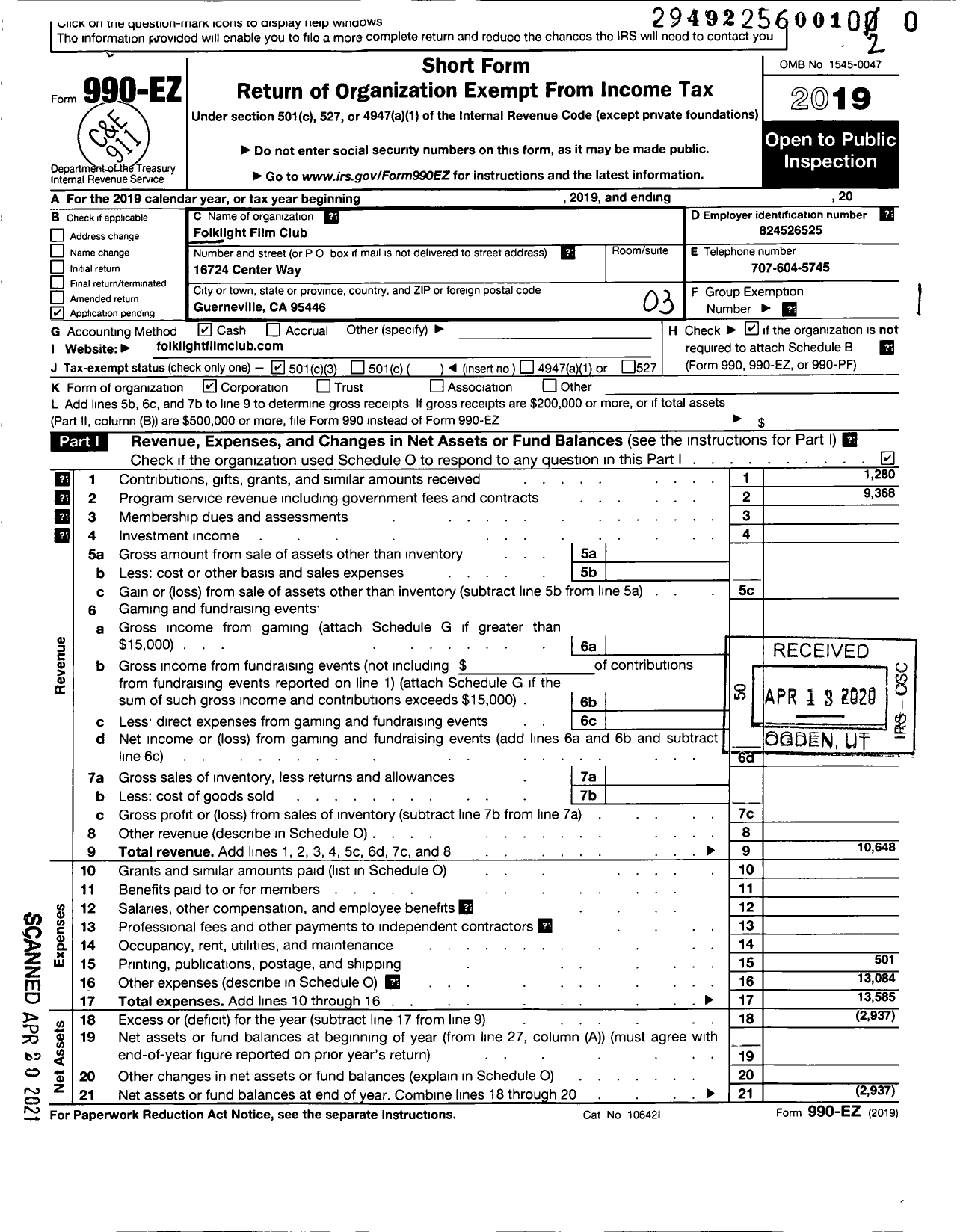 Image of first page of 2019 Form 990EZ for Folklight Film Club