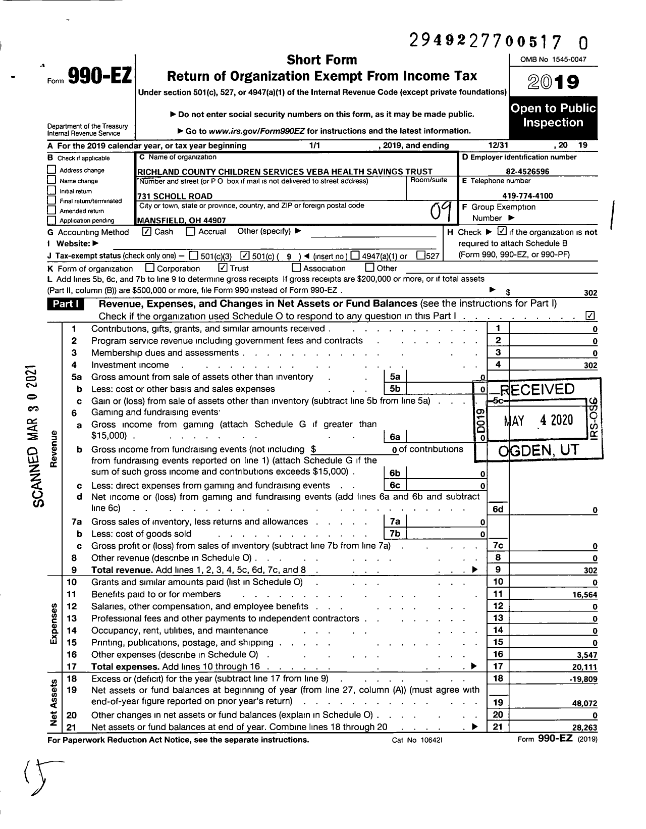 Image of first page of 2019 Form 990EO for Richland County Children Services Veba Health Savings Trust