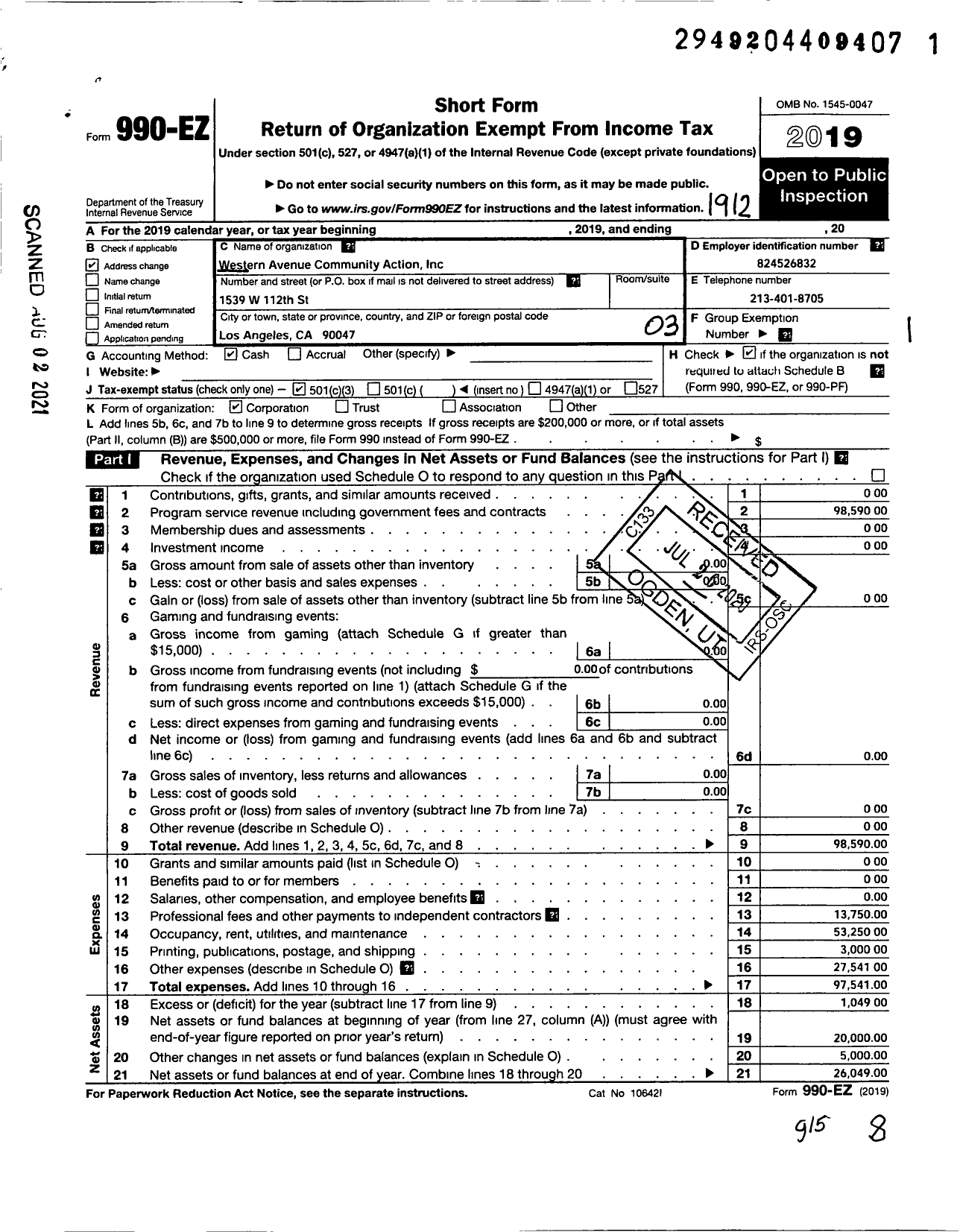 Image of first page of 2019 Form 990EZ for Western Avenue Community Action