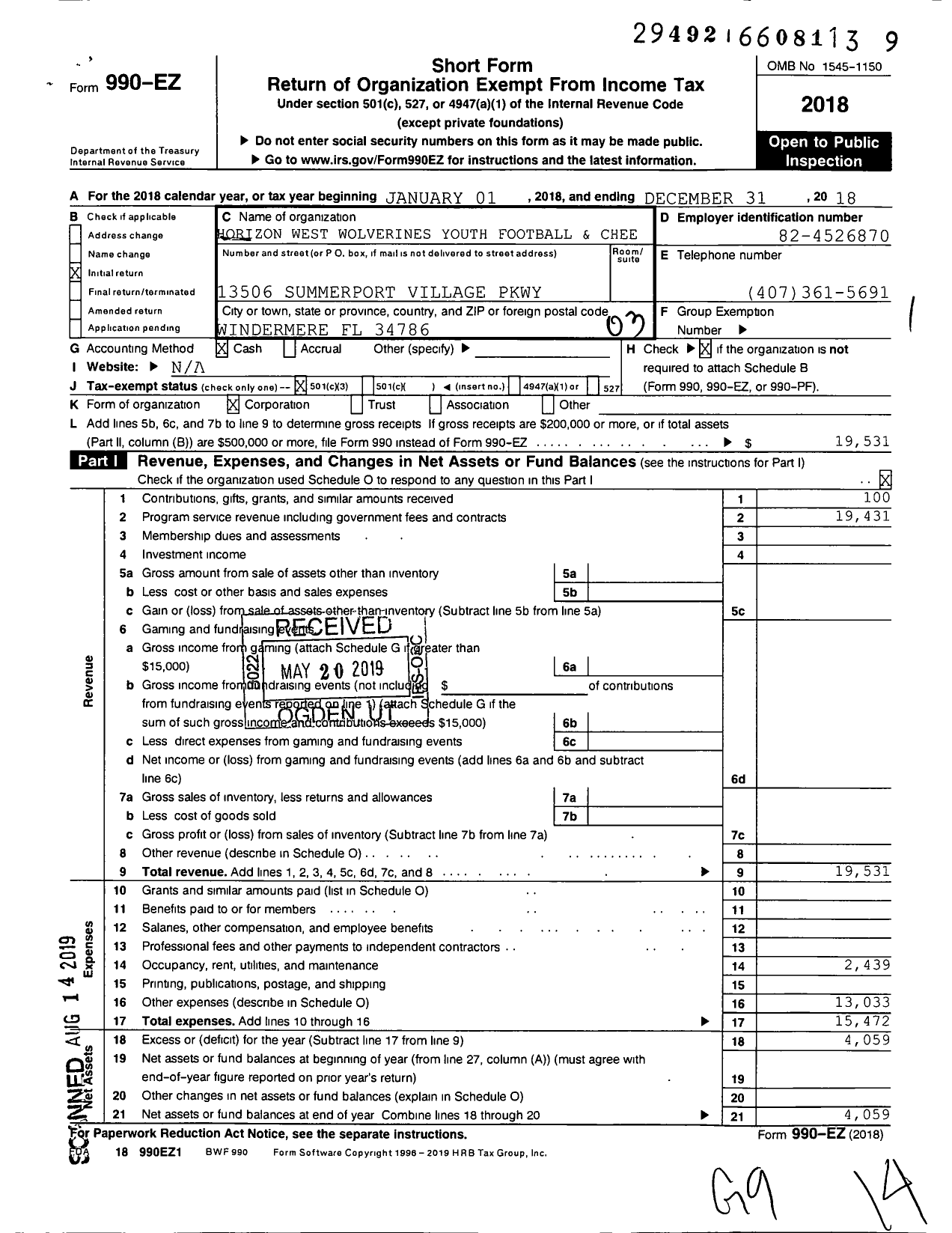 Image of first page of 2018 Form 990EZ for Horizon West Wolverines Youth Football and Cheer