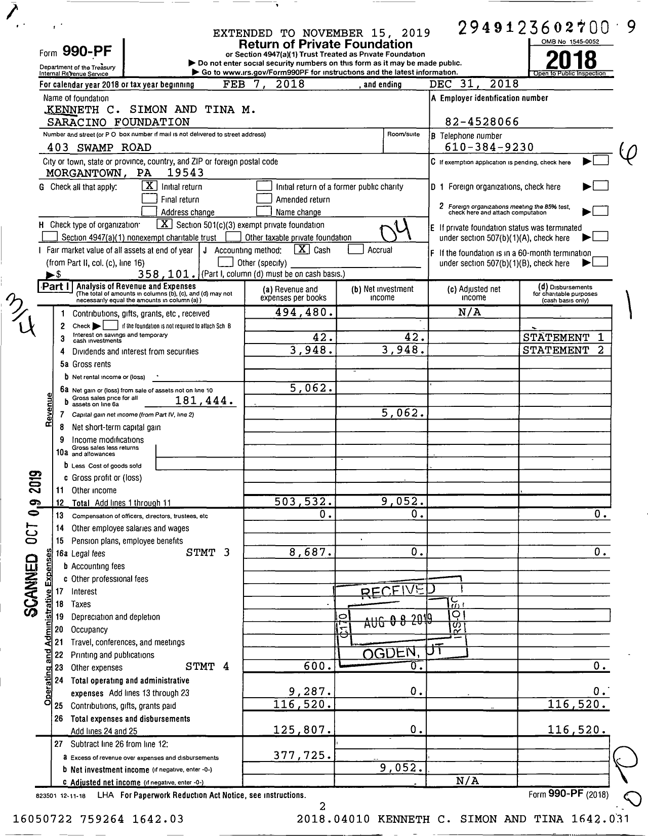 Image of first page of 2018 Form 990PF for Kenneth C Simon and Tina M Saracino Foundation