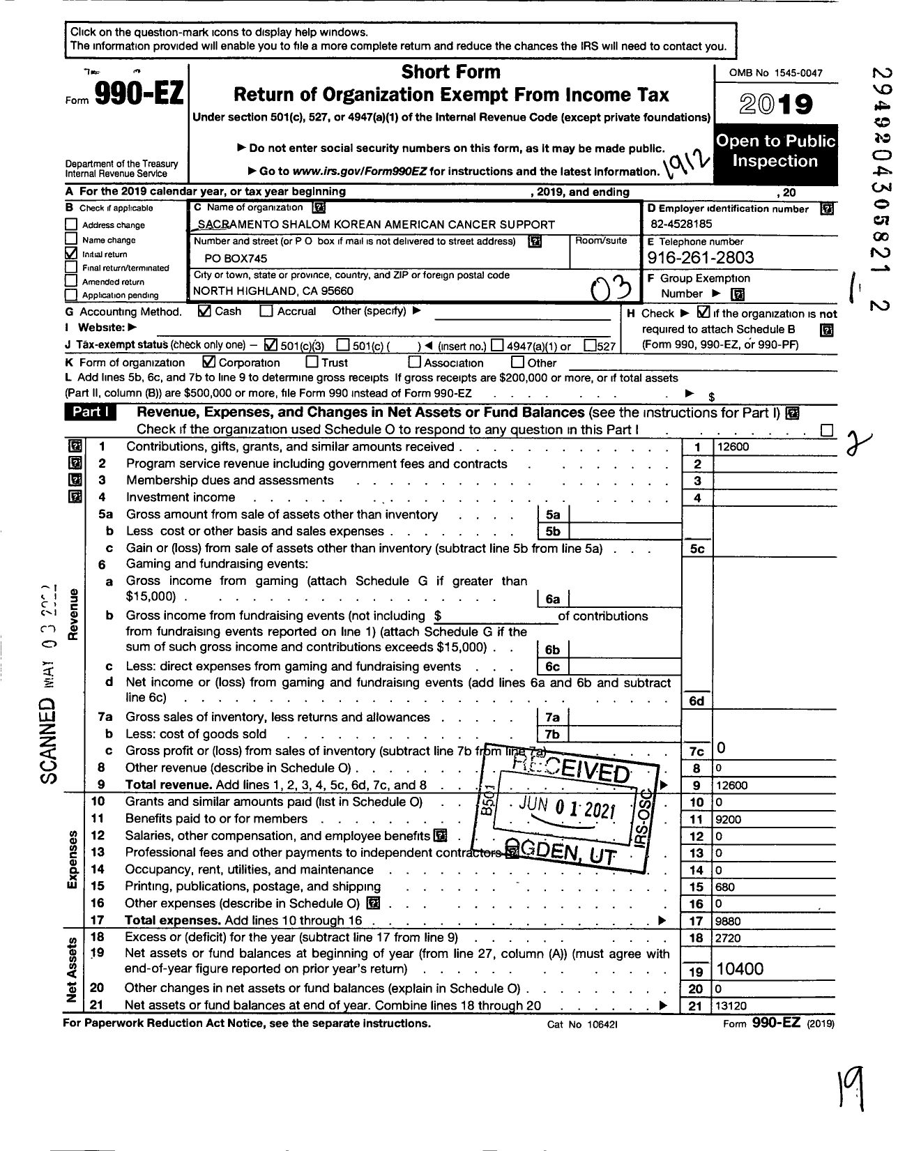 Image of first page of 2019 Form 990EZ for Sacramento Shalom Korean American Cancer Support