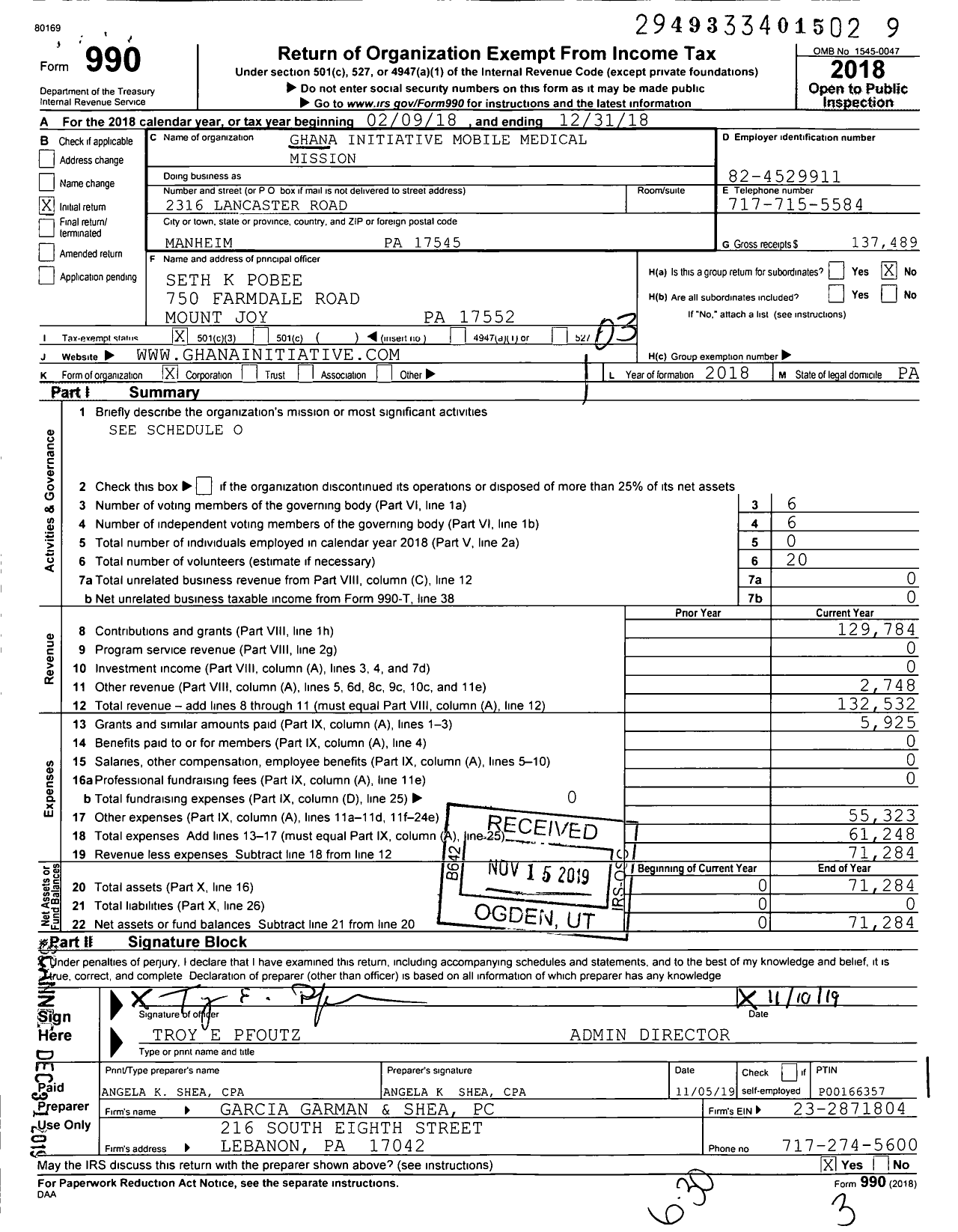 Image of first page of 2018 Form 990 for Ghana Initiative Mobile Medical Mission