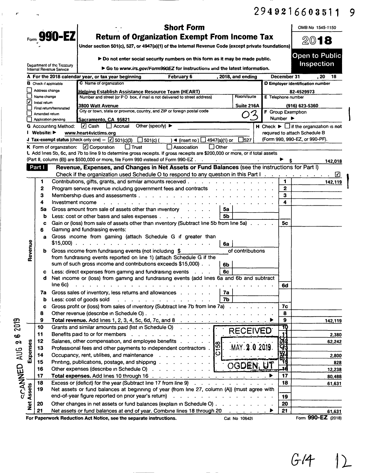 Image of first page of 2018 Form 990EZ for Helping Establish Assistance Resource Team (HEART)