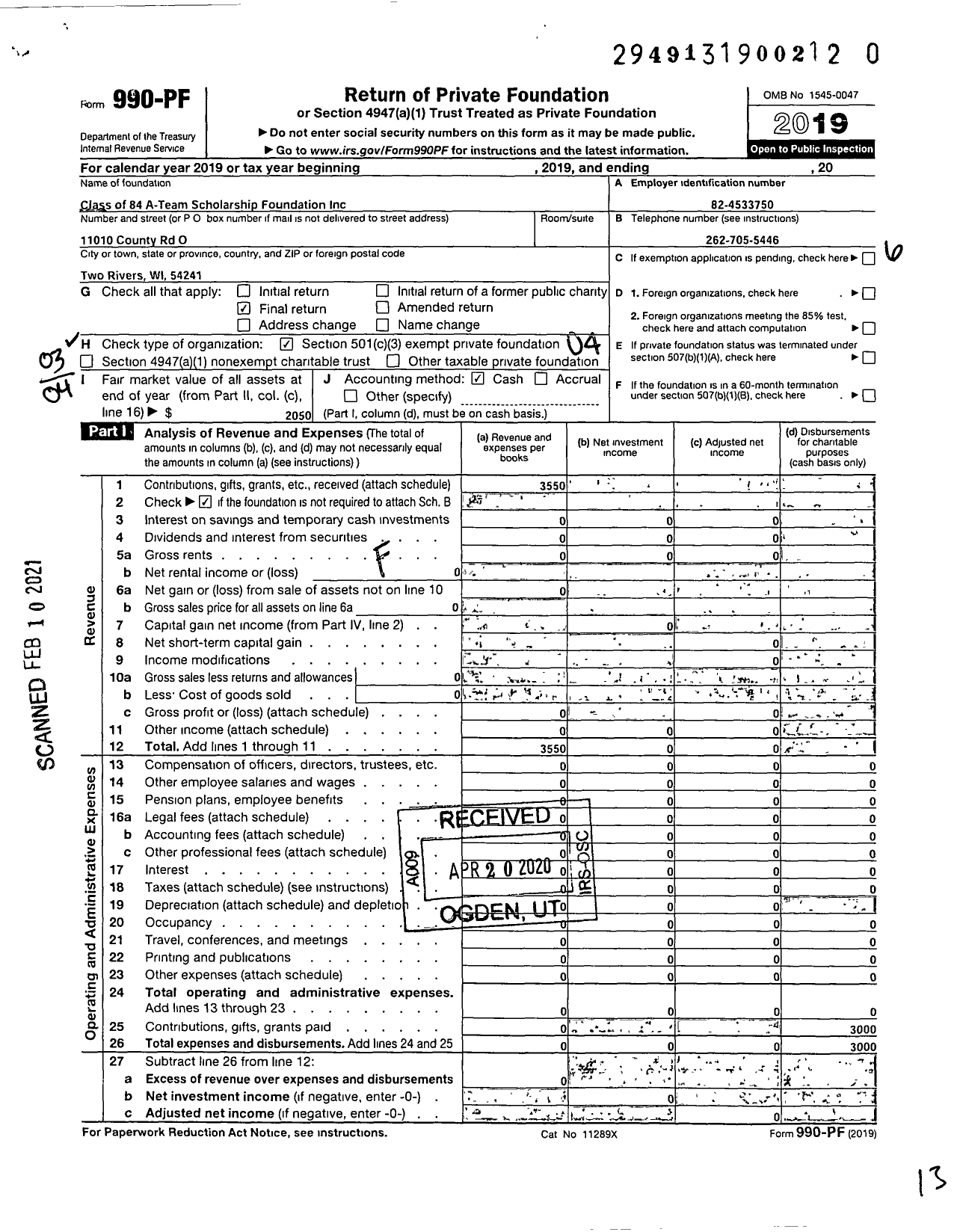 Image of first page of 2019 Form 990PF for Class of 84 A-Team Scholarship Foundation