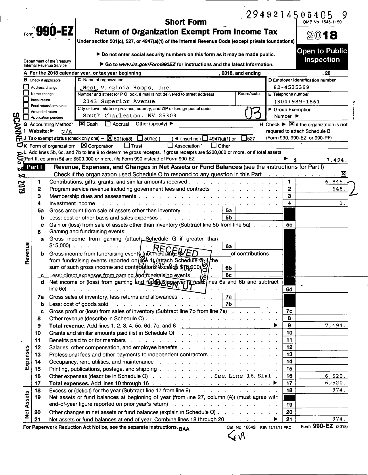 Image of first page of 2018 Form 990EZ for WV Hoops Premier Basketball Club