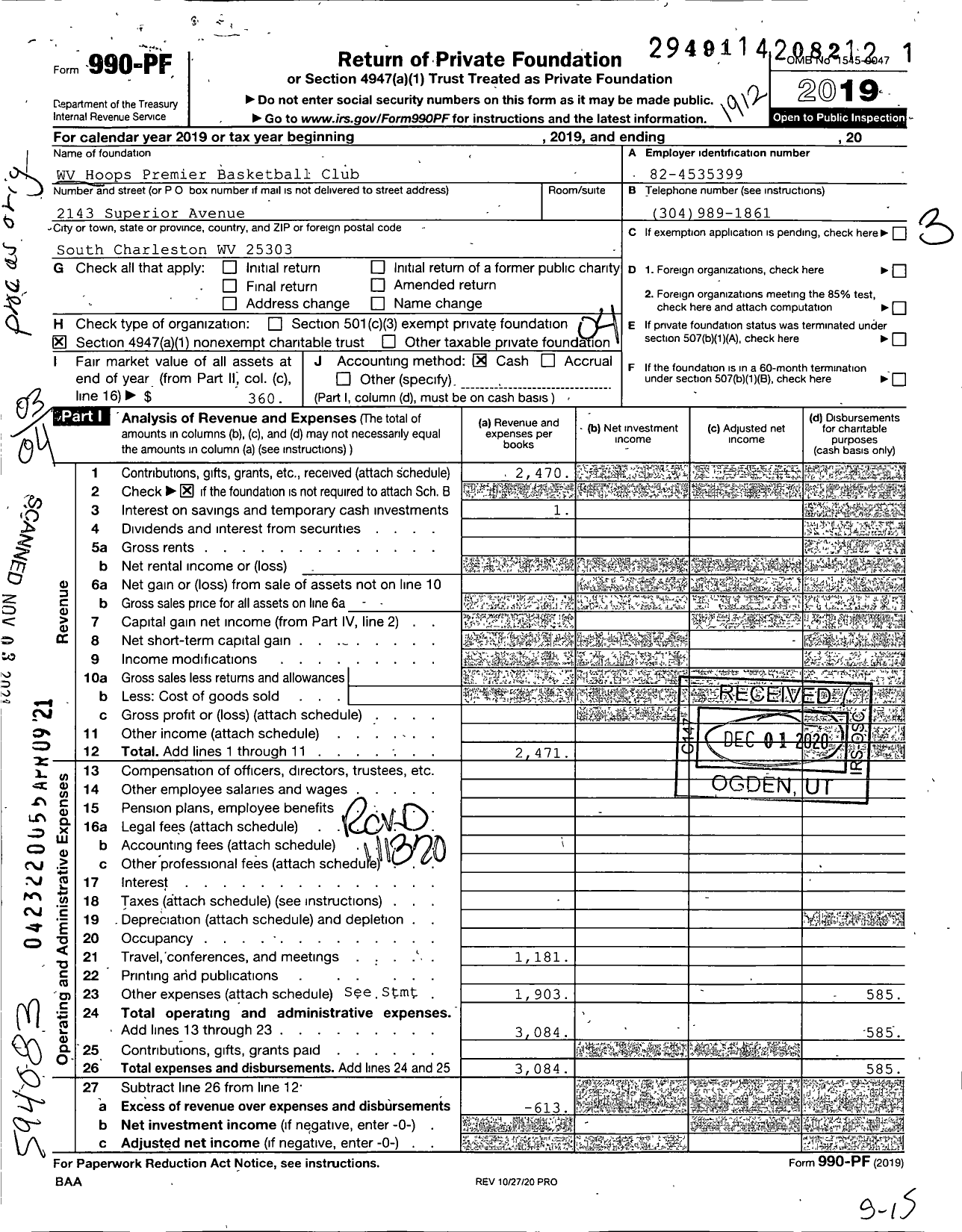 Image of first page of 2019 Form 990PF for WV Hoops Premier Basketball Club