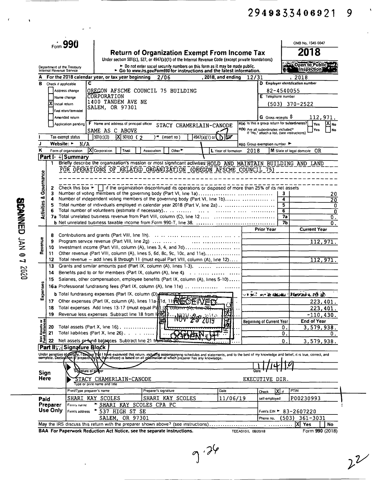 Image of first page of 2018 Form 990O for Oregon AFSCME Council 75 Building Corporation