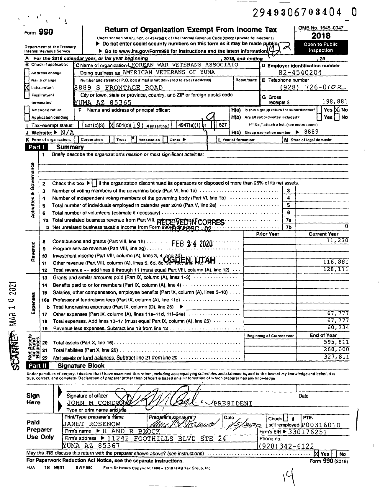 Image of first page of 2018 Form 990O for Korean War Veterans Associaion